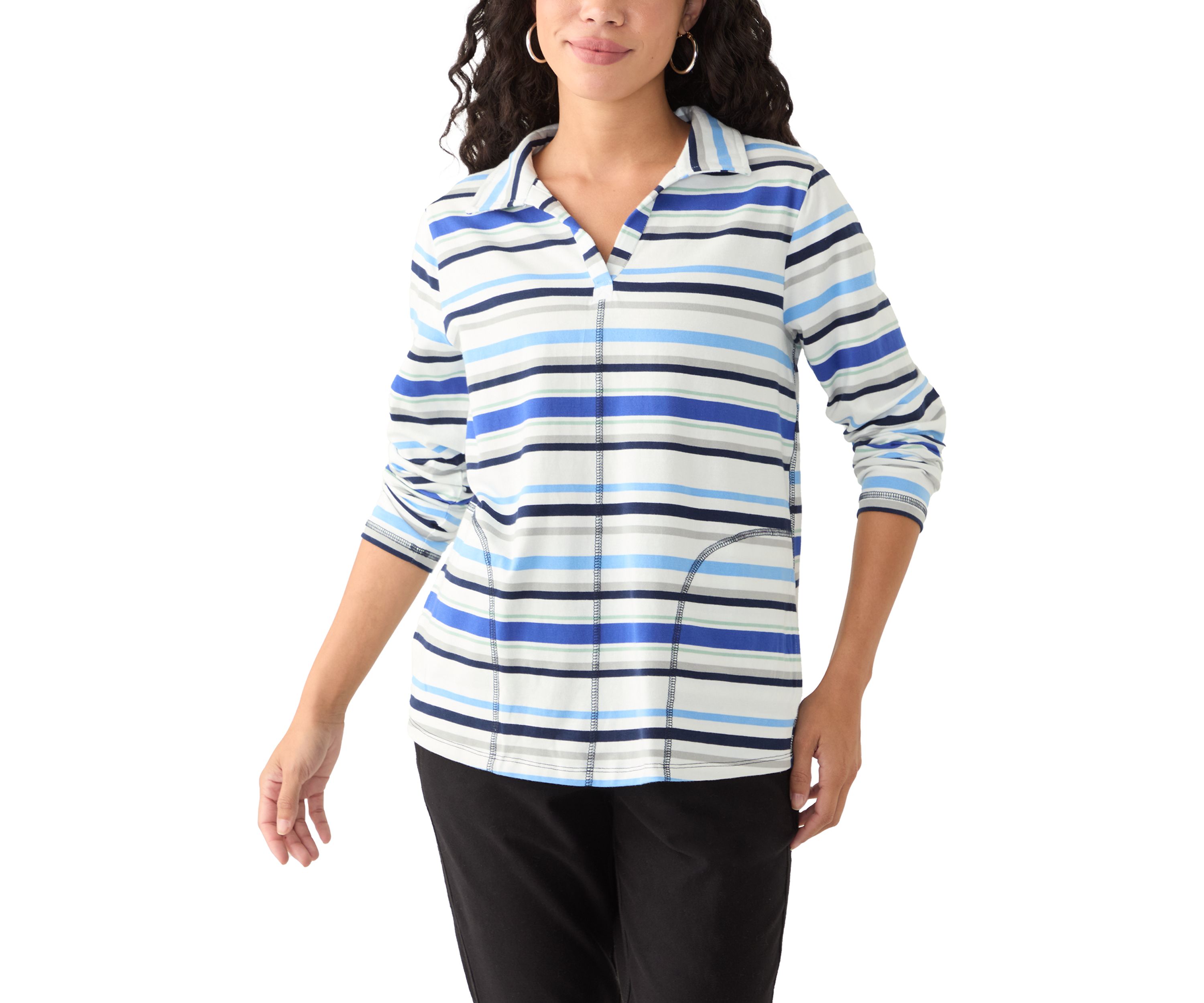 Petite Long Sleeve Polo Collar V-Neck Seamed Top 