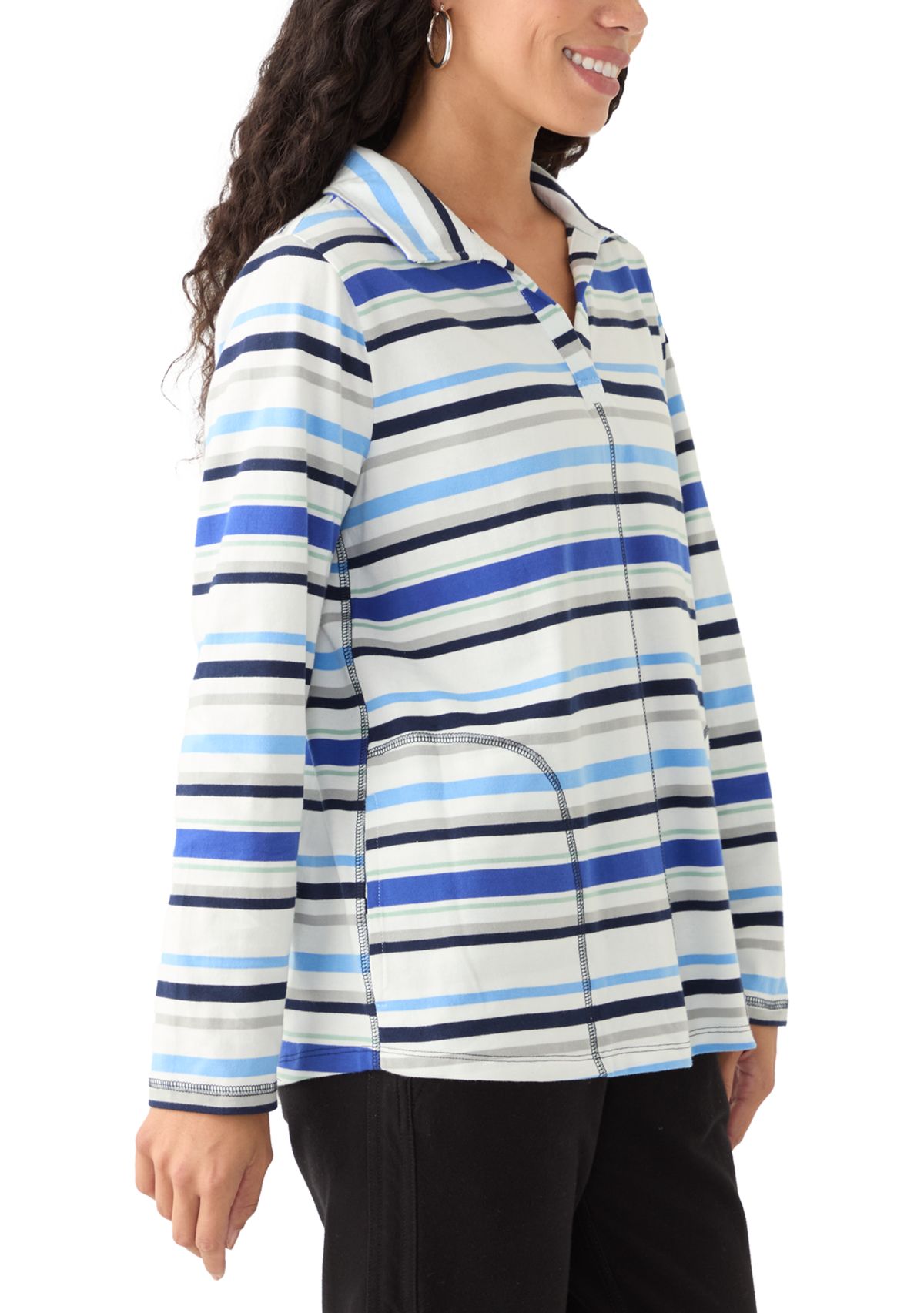 Petite Long Sleeve Polo Collar V-Neck Seamed Top 