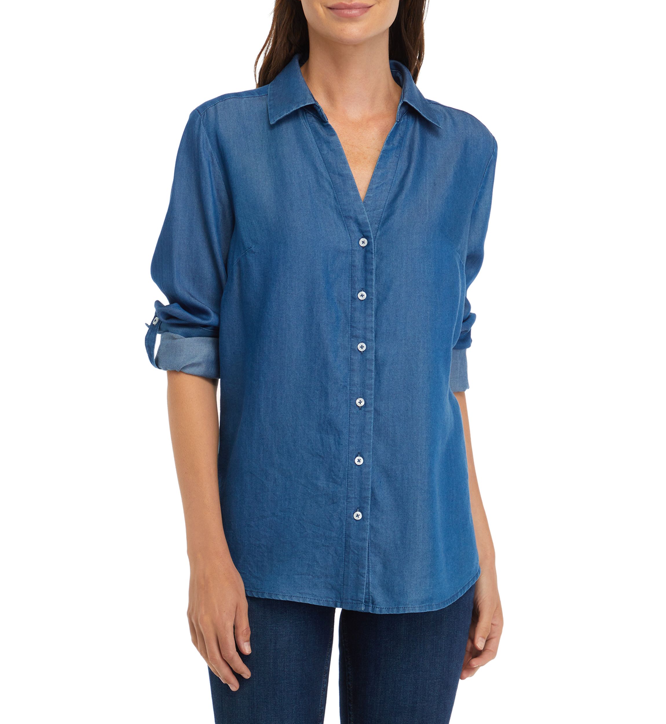 Womens Y-Neck Button Down Chambray Top
