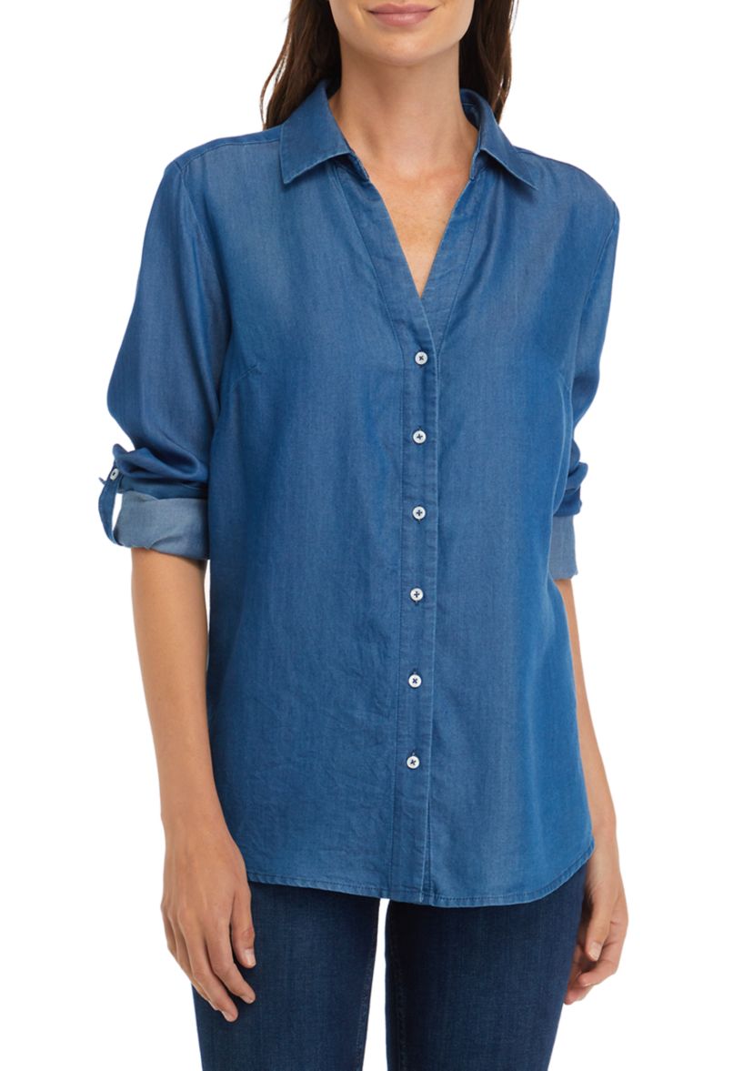 Womens Y-Neck Button Down Chambray Top