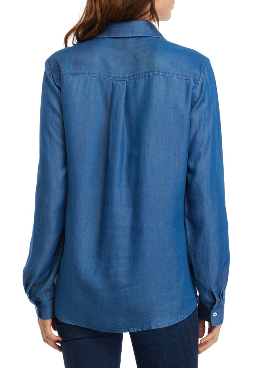 Womens Y-Neck Button Down Chambray Top