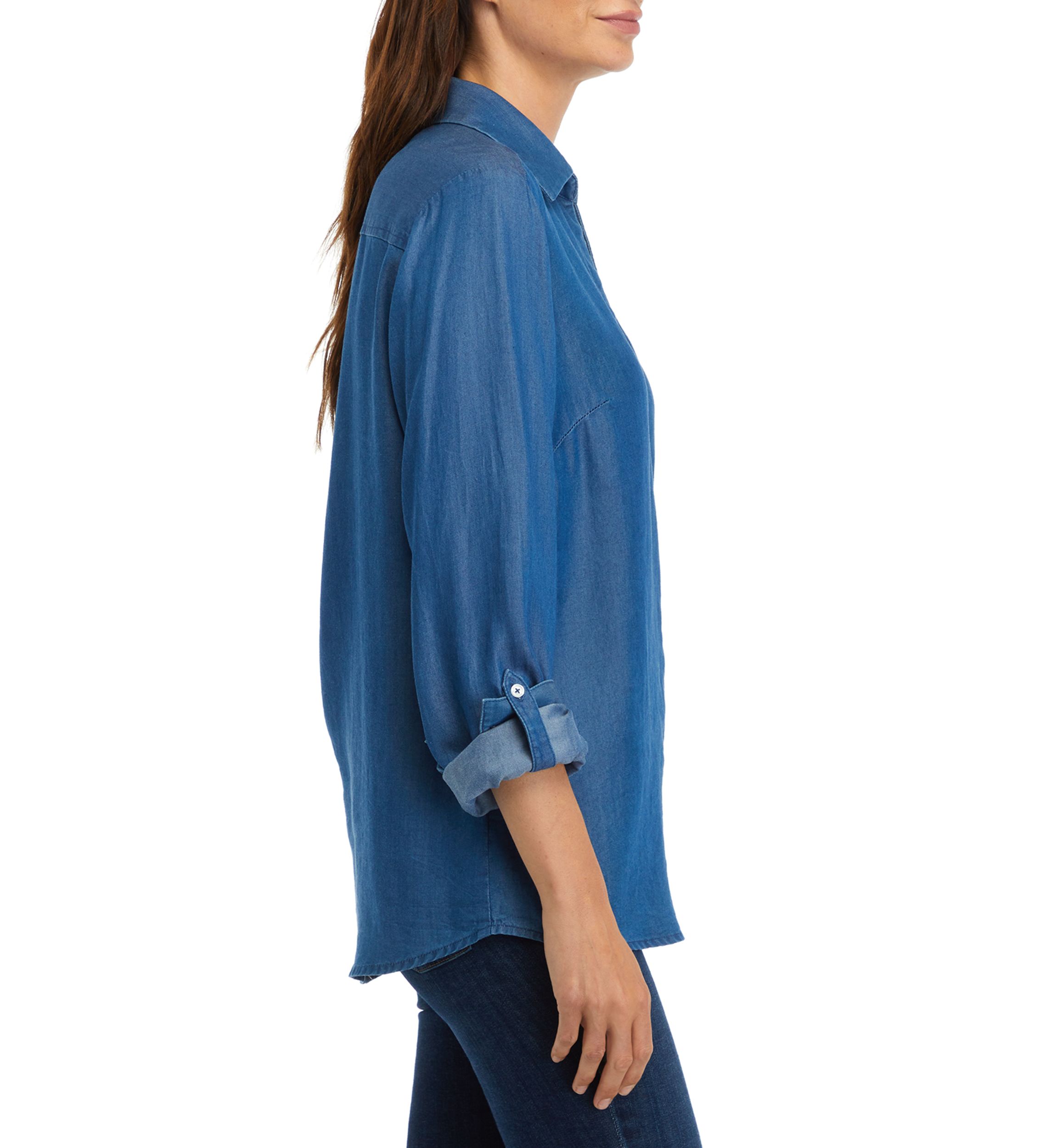 Womens Y-Neck Button Down Chambray Top