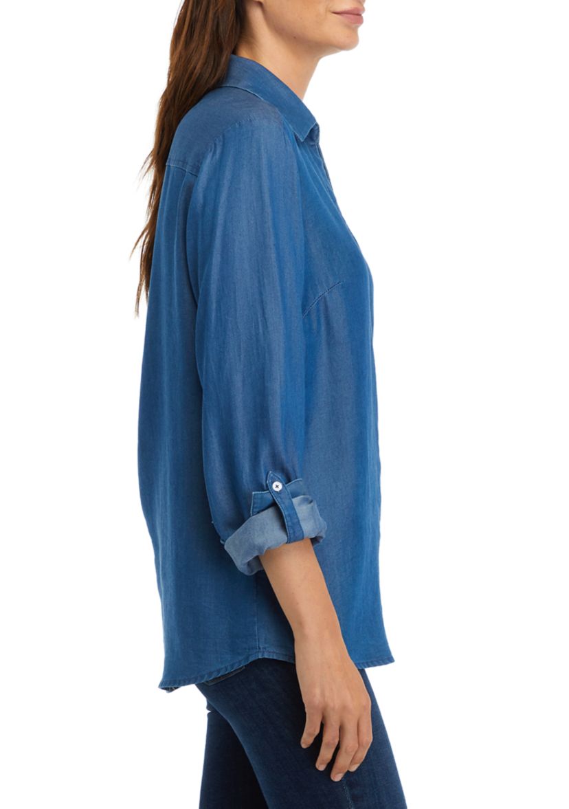 Womens Y-Neck Button Down Chambray Top