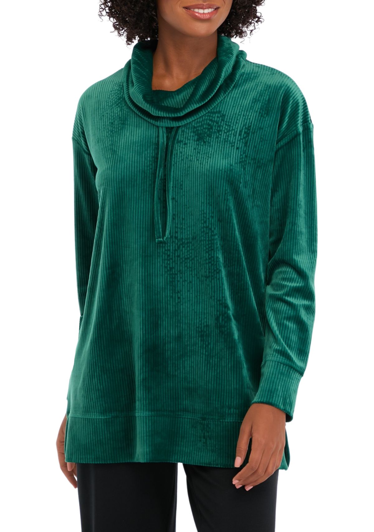 Womens Velour Rib Cowl Neck Tunic Top