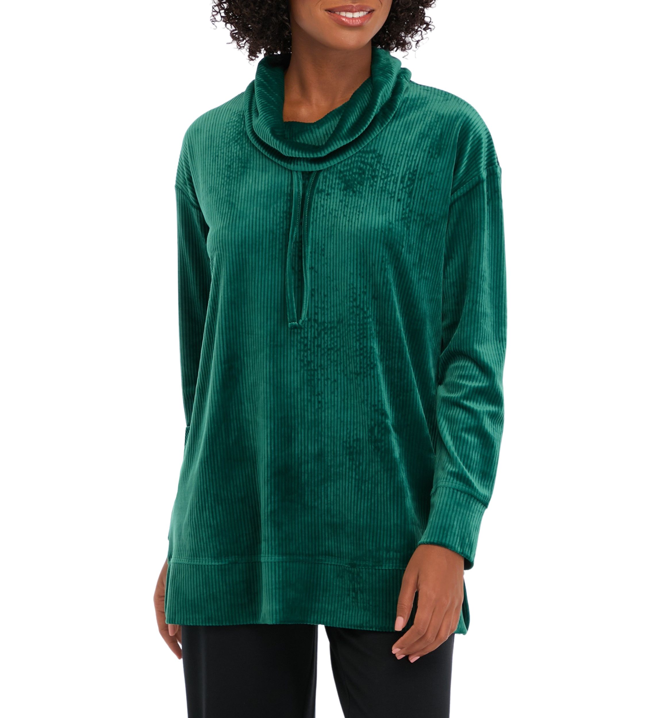 Petite Long Sleeve Rib Velour Cowl Neck Tunic Top