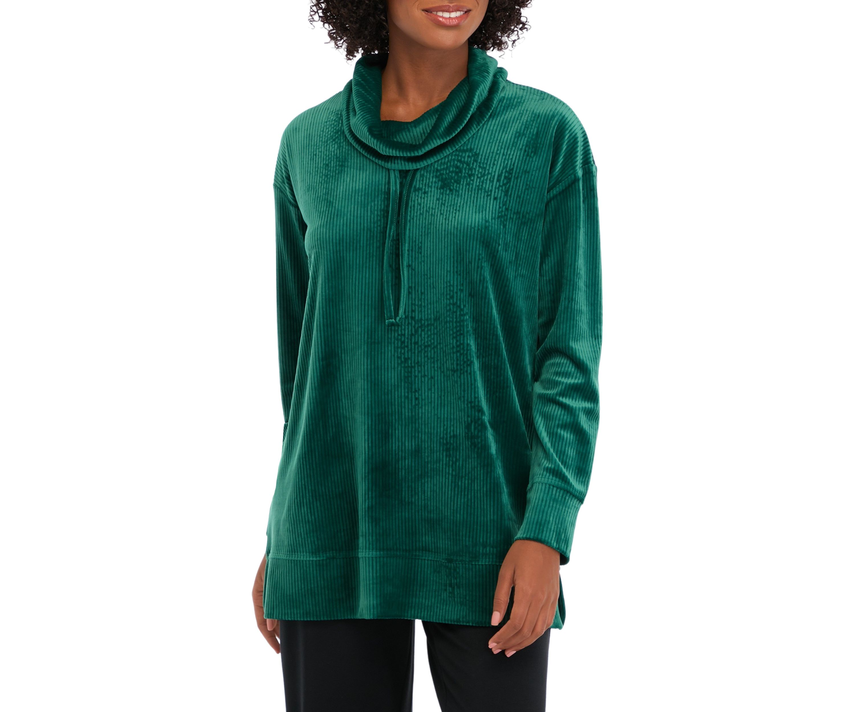 Petite Long Sleeve Rib Velour Cowl Neck Tunic Top