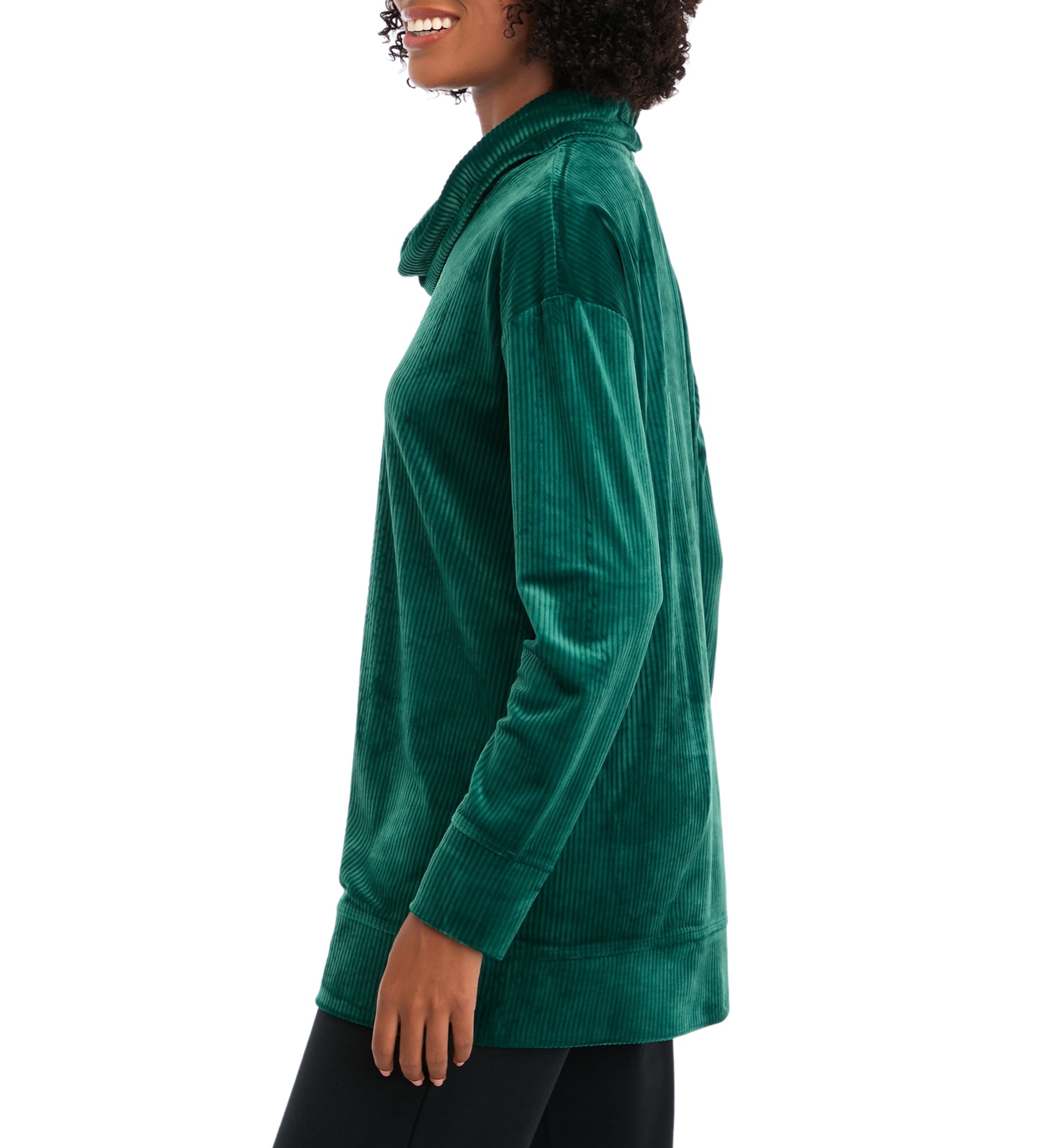 Petite Long Sleeve Rib Velour Cowl Neck Tunic Top