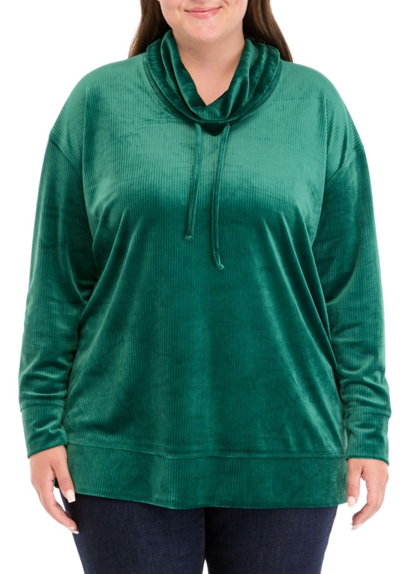 Plus Size Velour Rib Cowl Neck Tunic Sweatshirt