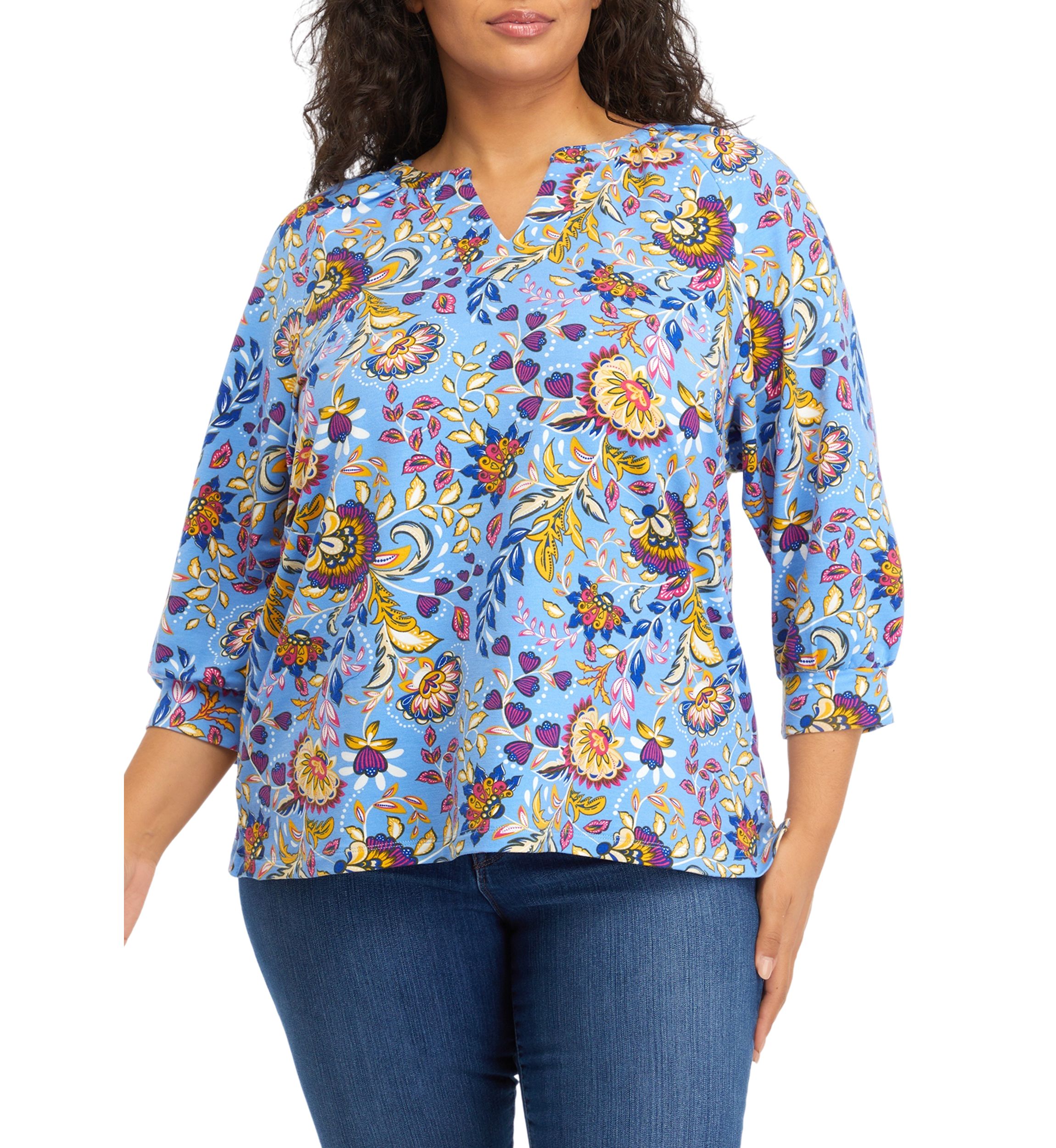 Plus Size 3/4 Sleeve Kurta Printed Peasant Top
