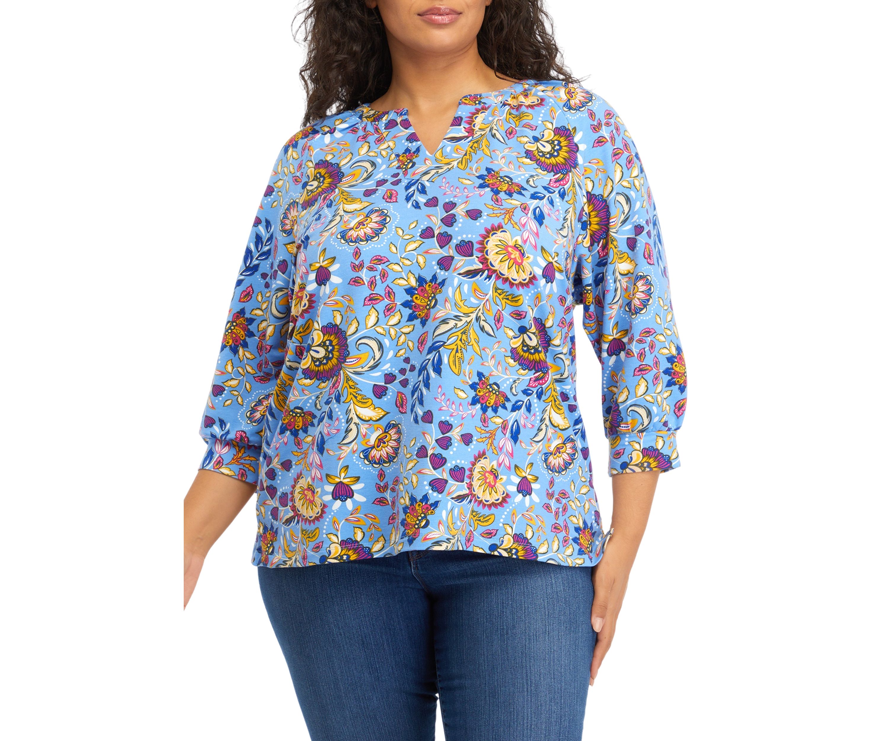 Plus Size 3/4 Sleeve Kurta Printed Peasant Top