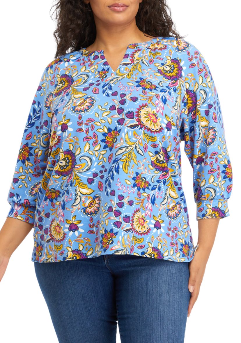 Plus Size 3/4 Sleeve Kurta Printed Peasant Top