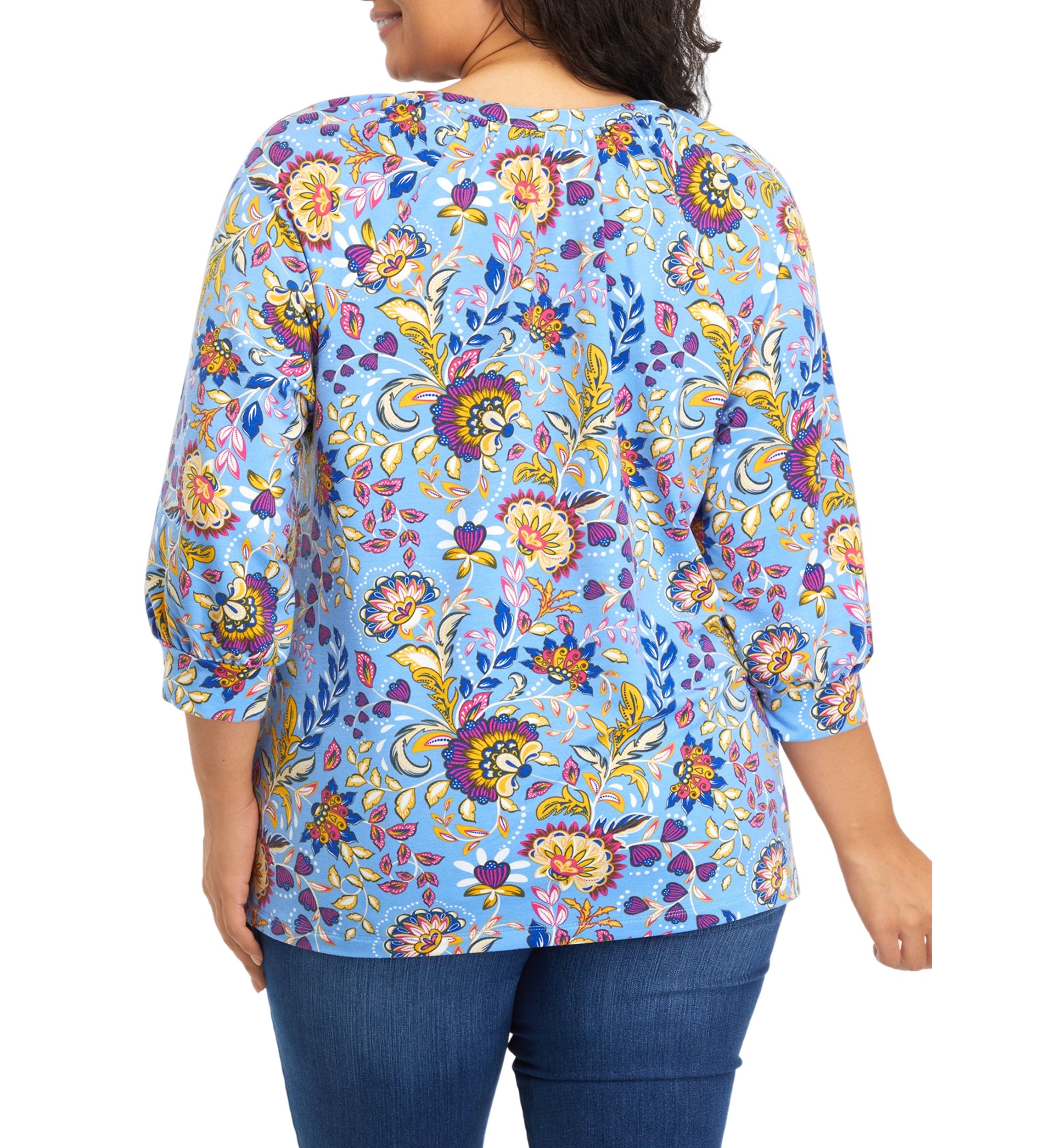 Plus Size 3/4 Sleeve Kurta Printed Peasant Top