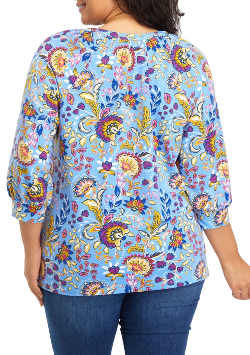 Plus Size 3/4 Sleeve Kurta Printed Peasant Top