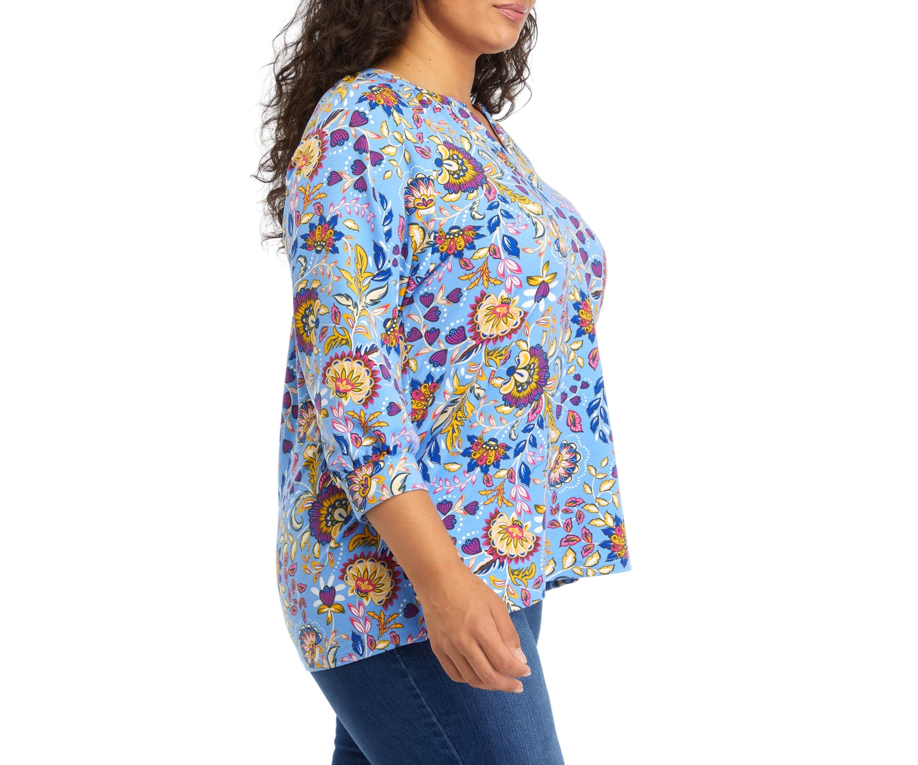 Plus Size 3/4 Sleeve Kurta Printed Peasant Top
