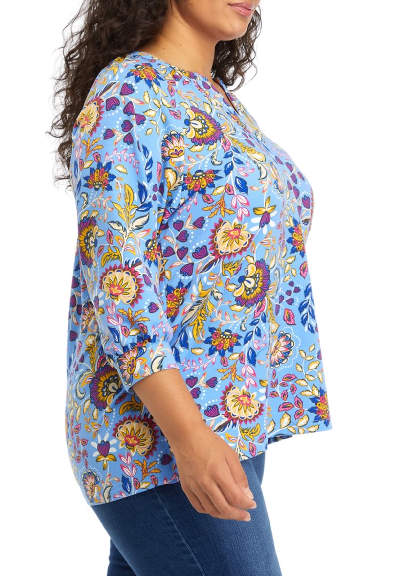 Plus Size 3/4 Sleeve Kurta Printed Peasant Top