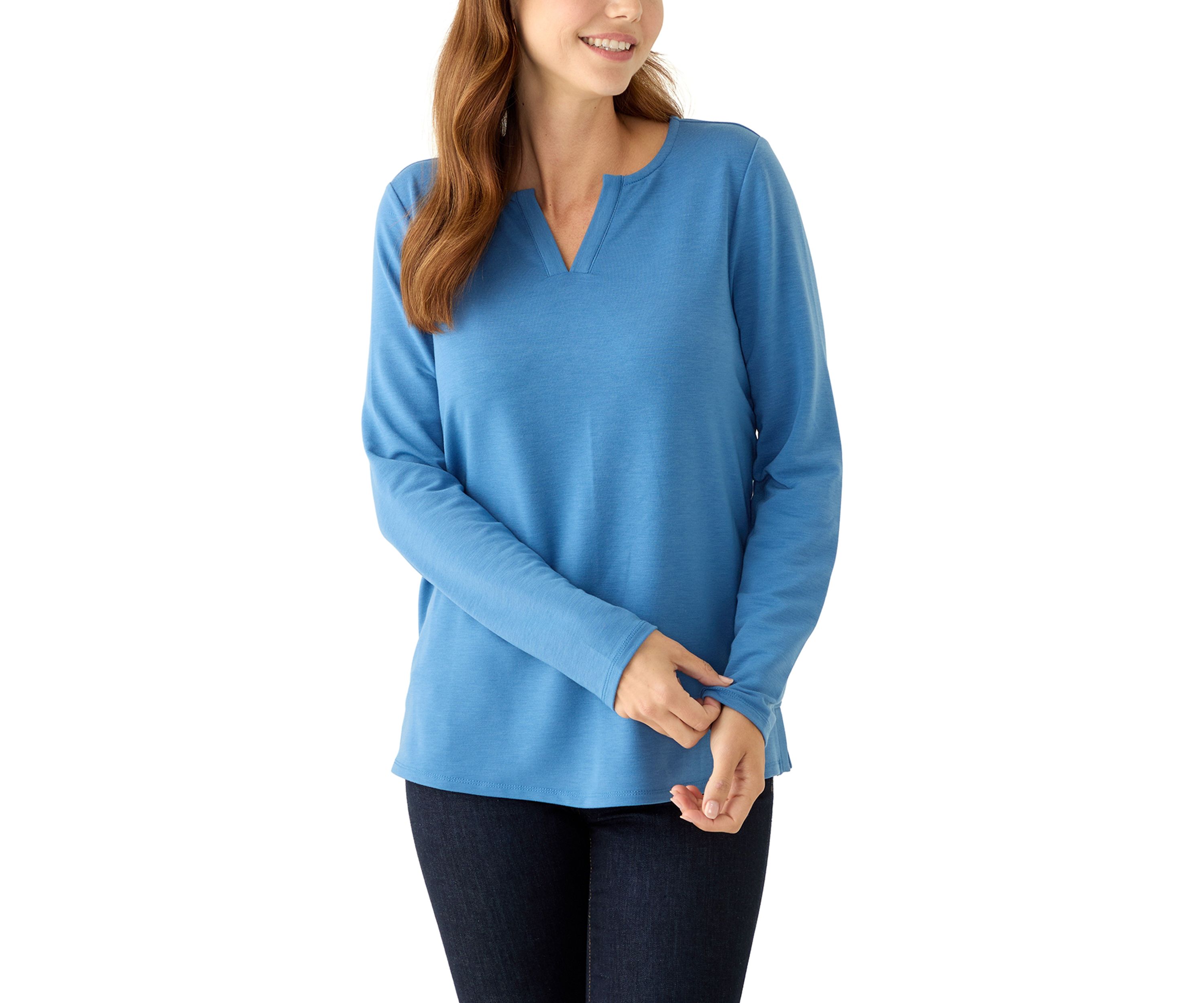 Petite Long Sleeve Split Neck Tunic Top