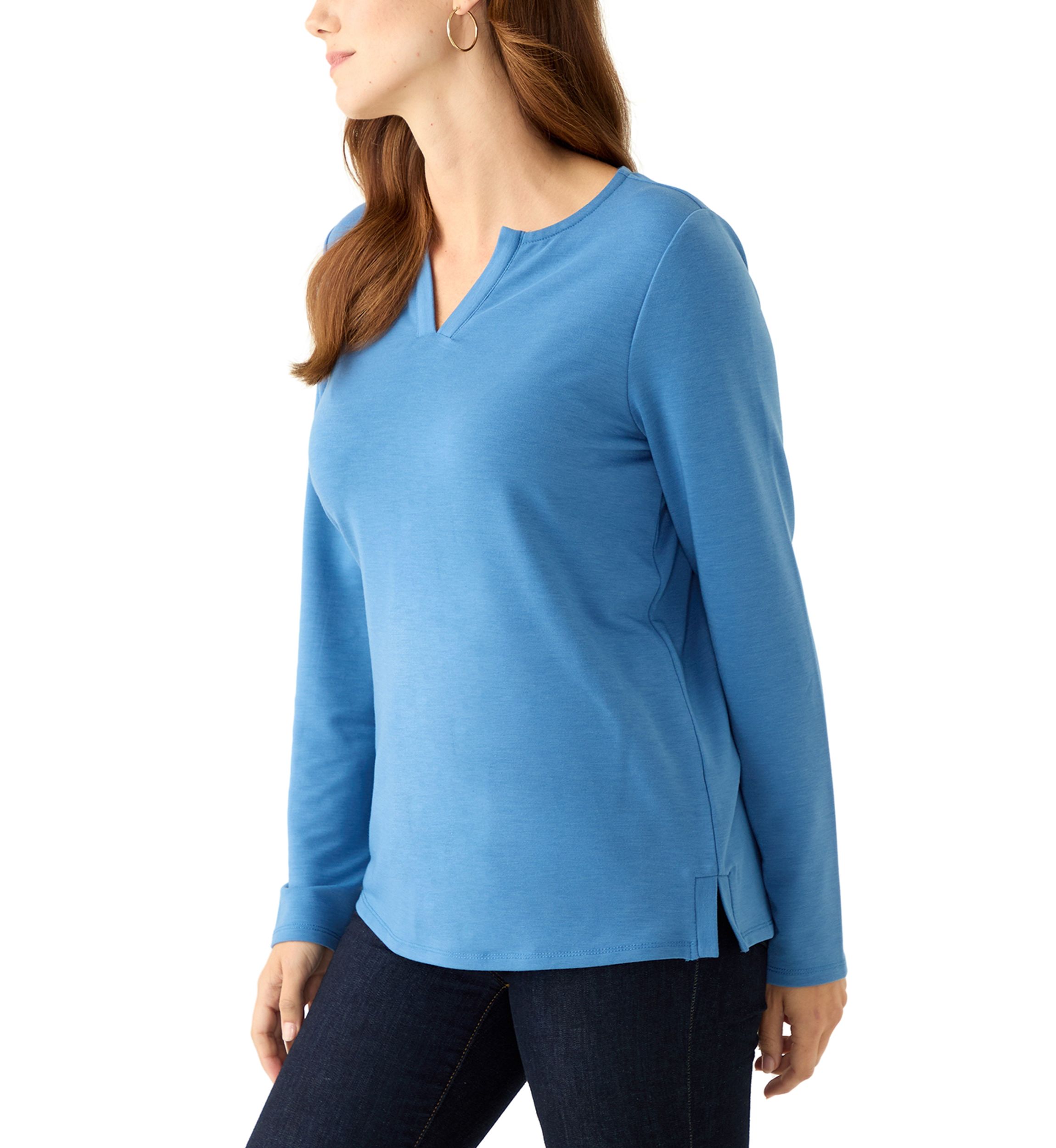 Petite Long Sleeve Split Neck Tunic Top