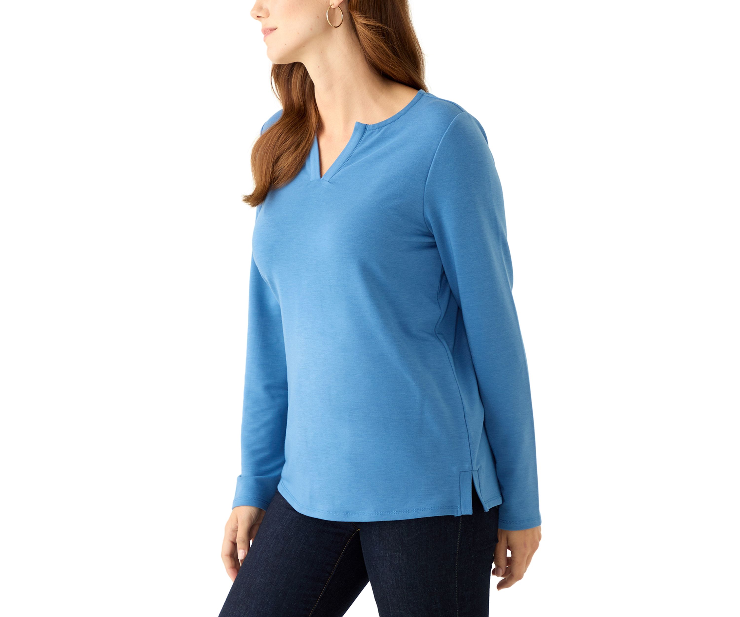 Petite Long Sleeve Split Neck Tunic Top