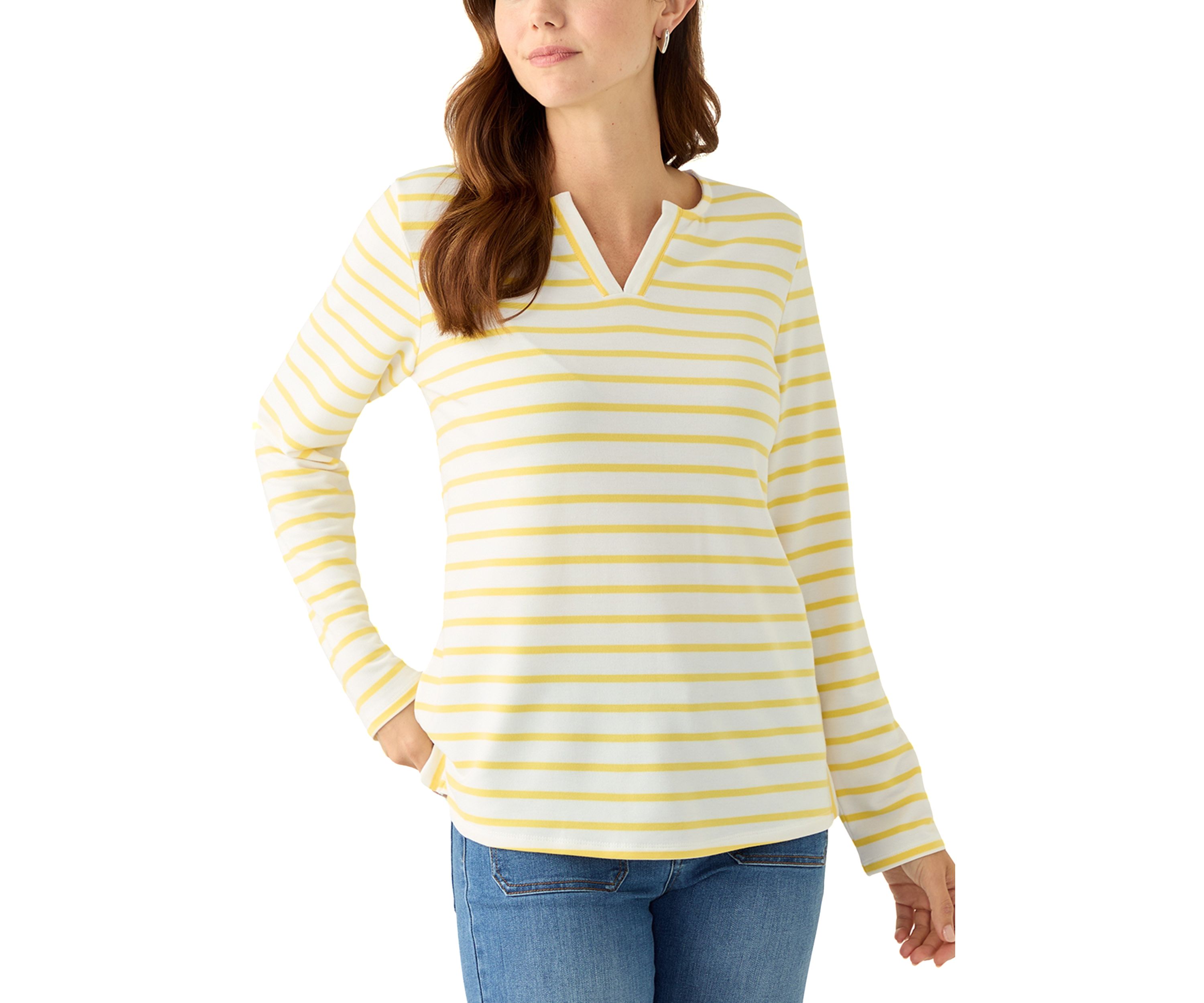 Petite Long Sleeve Split Neck Tunic Top