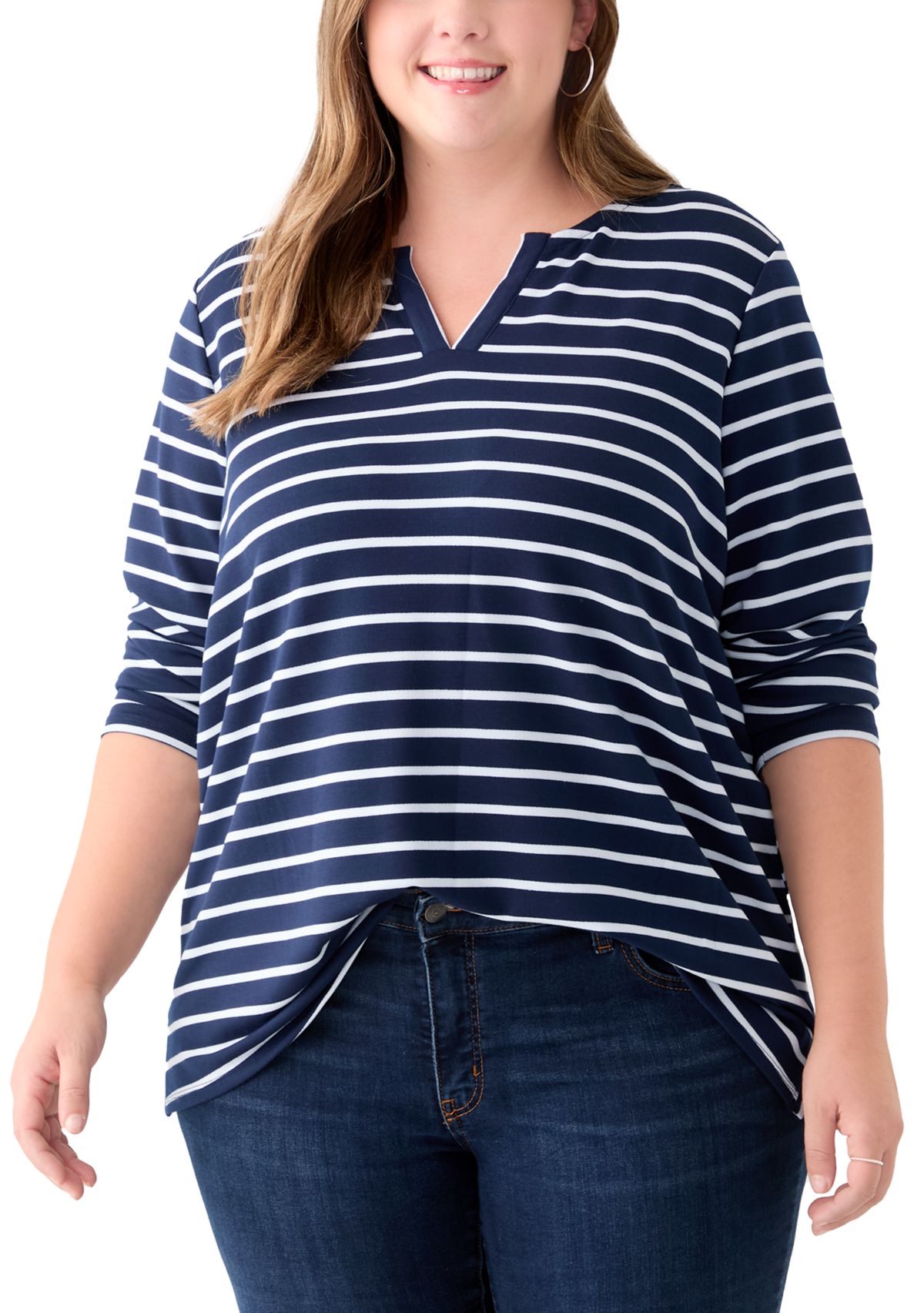 Plus Size Long Sleeve Split Neck Terry Stripe Top