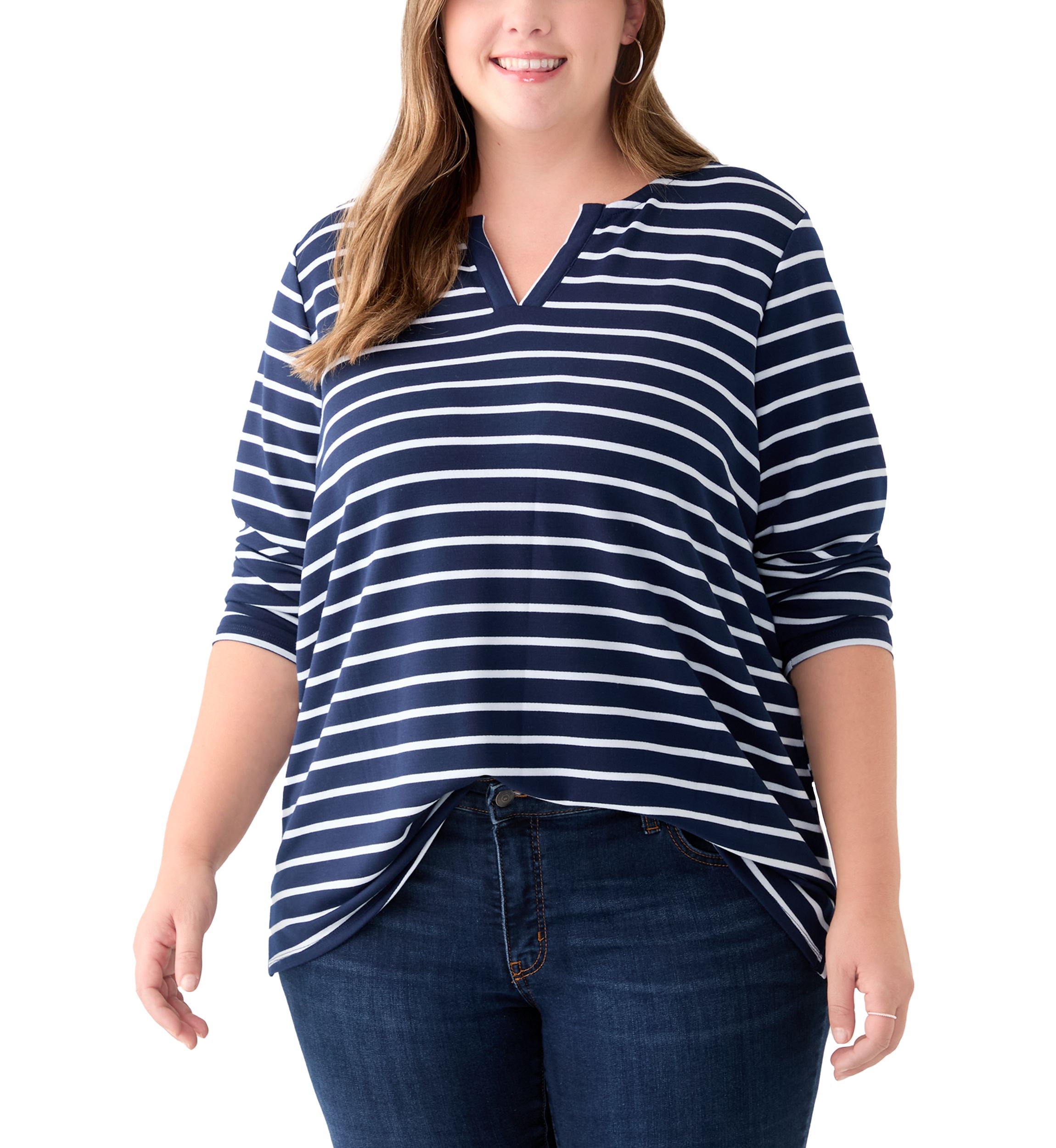 Plus Size Long Sleeve Split Neck Terry Stripe Top