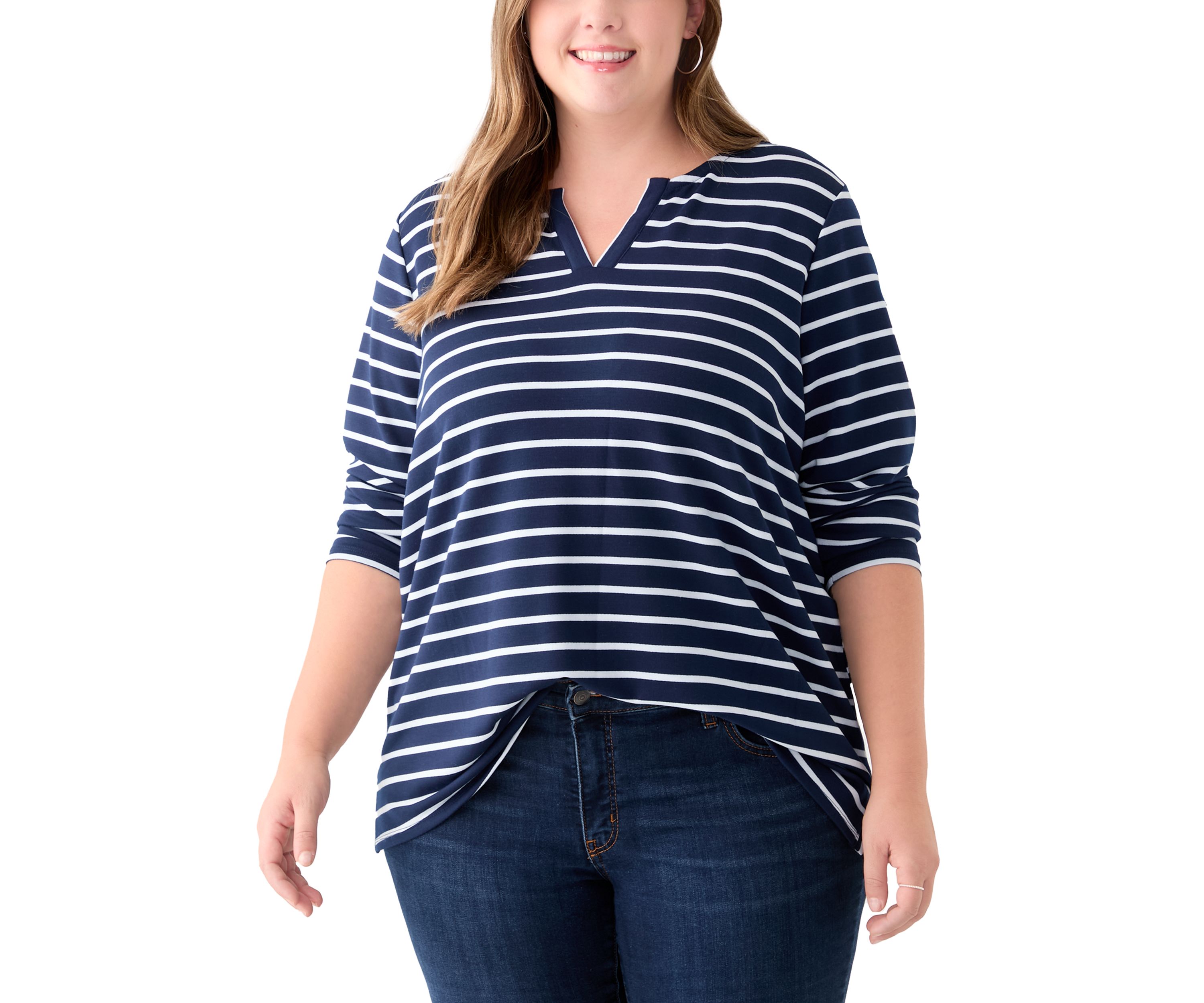 Plus Size Long Sleeve Split Neck Terry Stripe Top