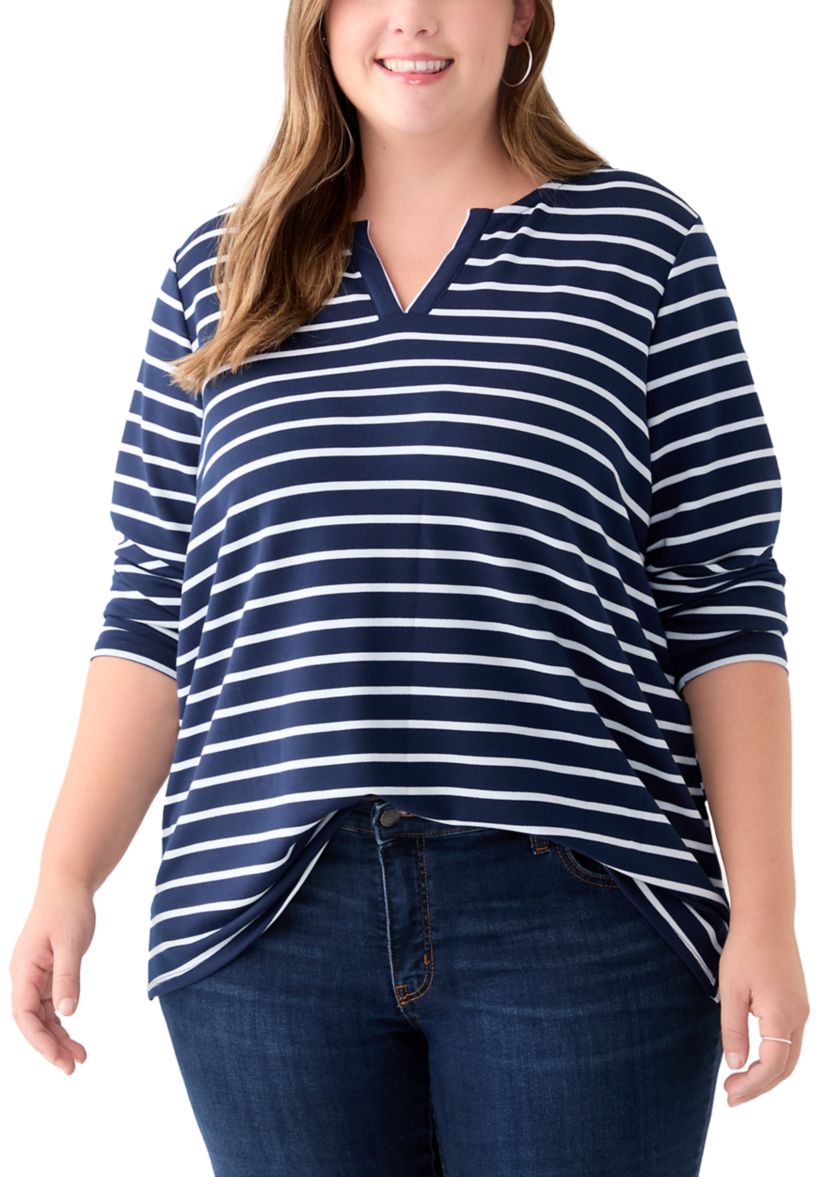 Plus Size Long Sleeve Split Neck Terry Stripe Top