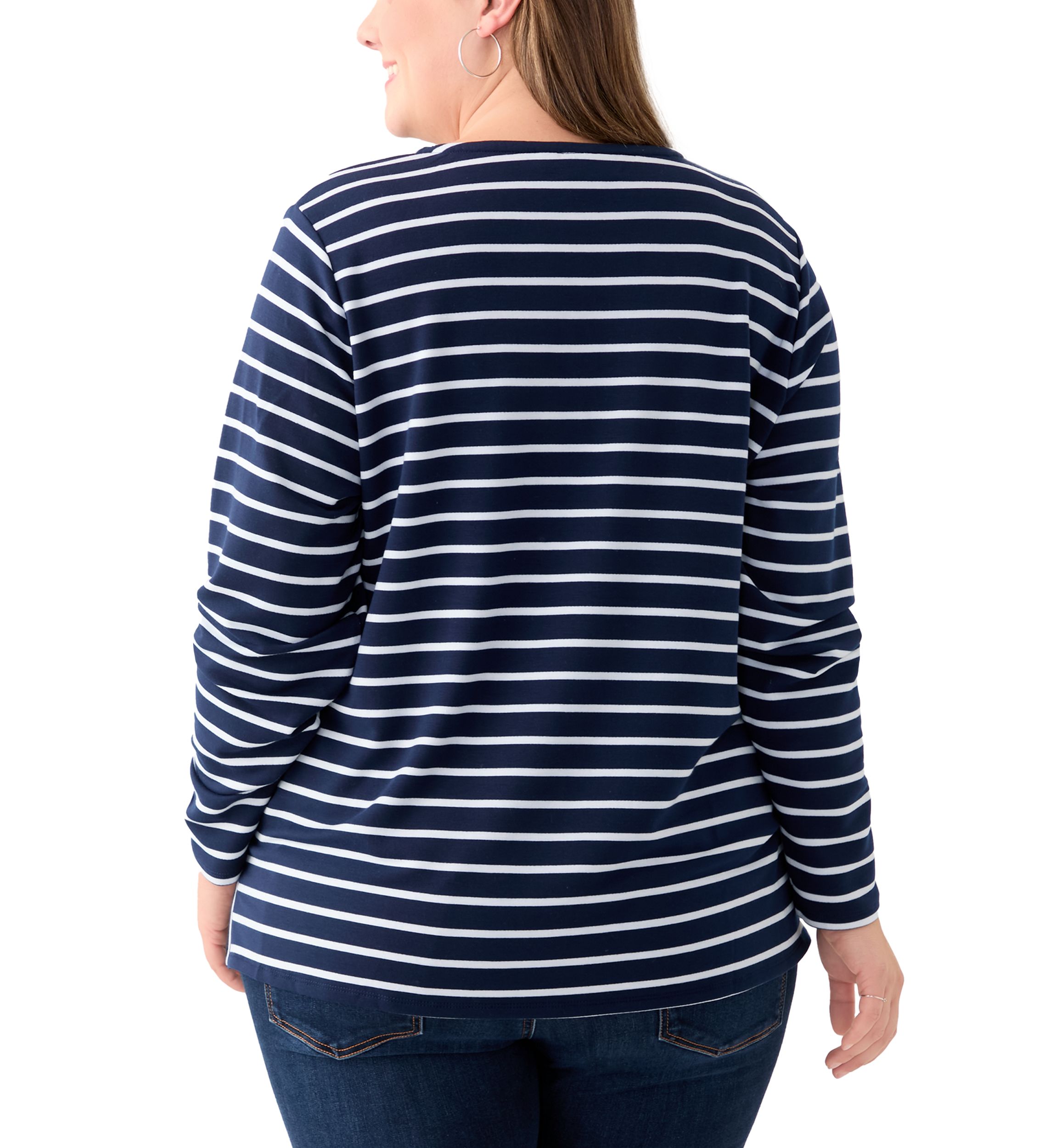 Plus Size Long Sleeve Split Neck Terry Stripe Top
