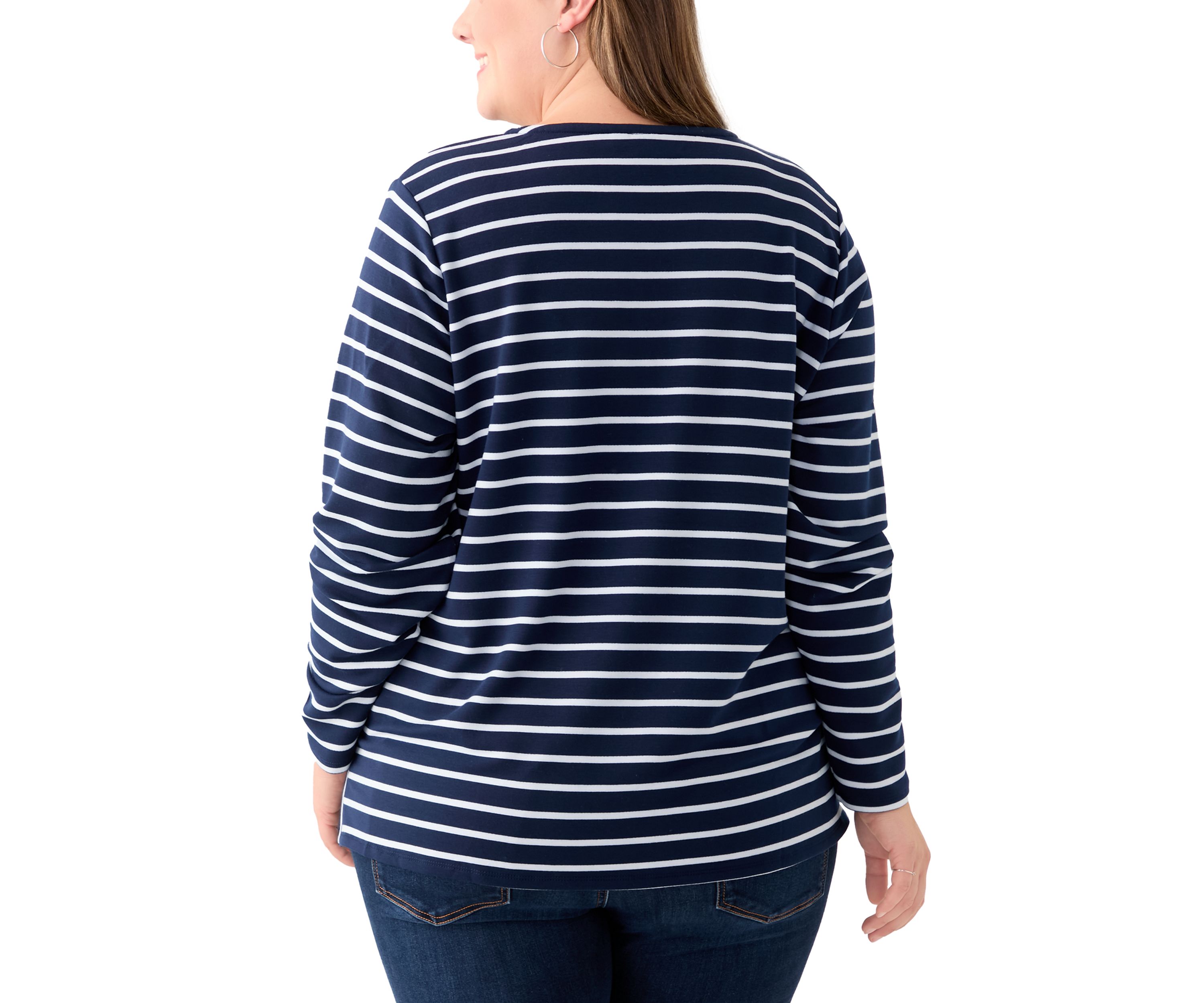 Plus Size Long Sleeve Split Neck Terry Stripe Top