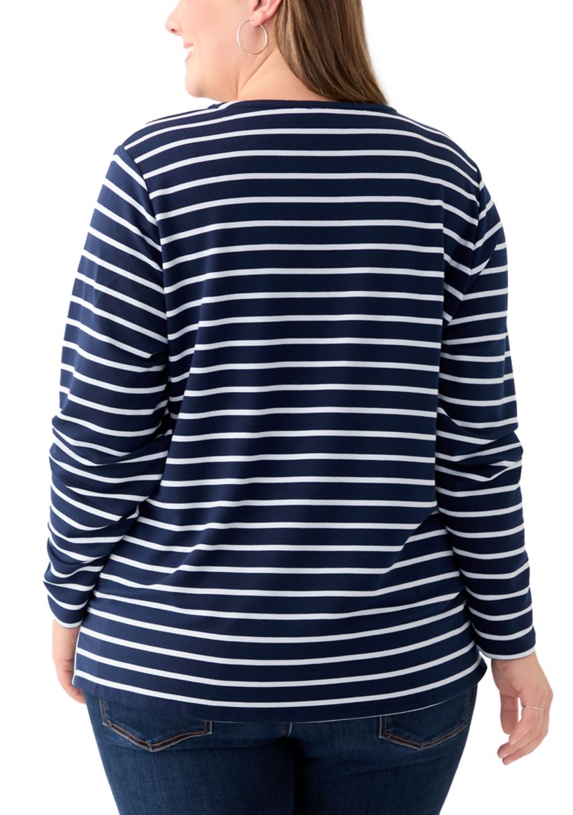 Plus Size Long Sleeve Split Neck Terry Stripe Top