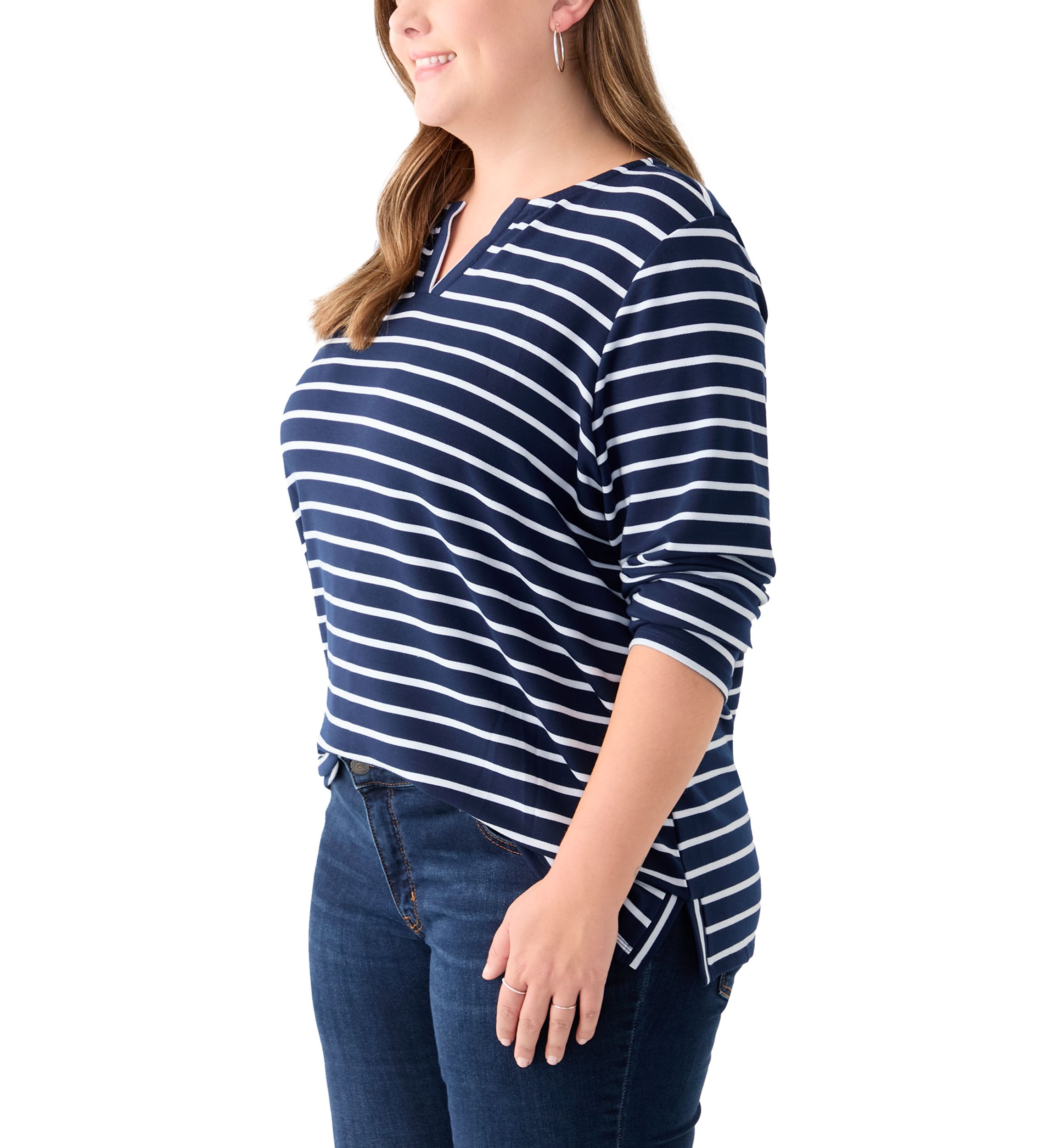 Plus Size Long Sleeve Split Neck Terry Stripe Top
