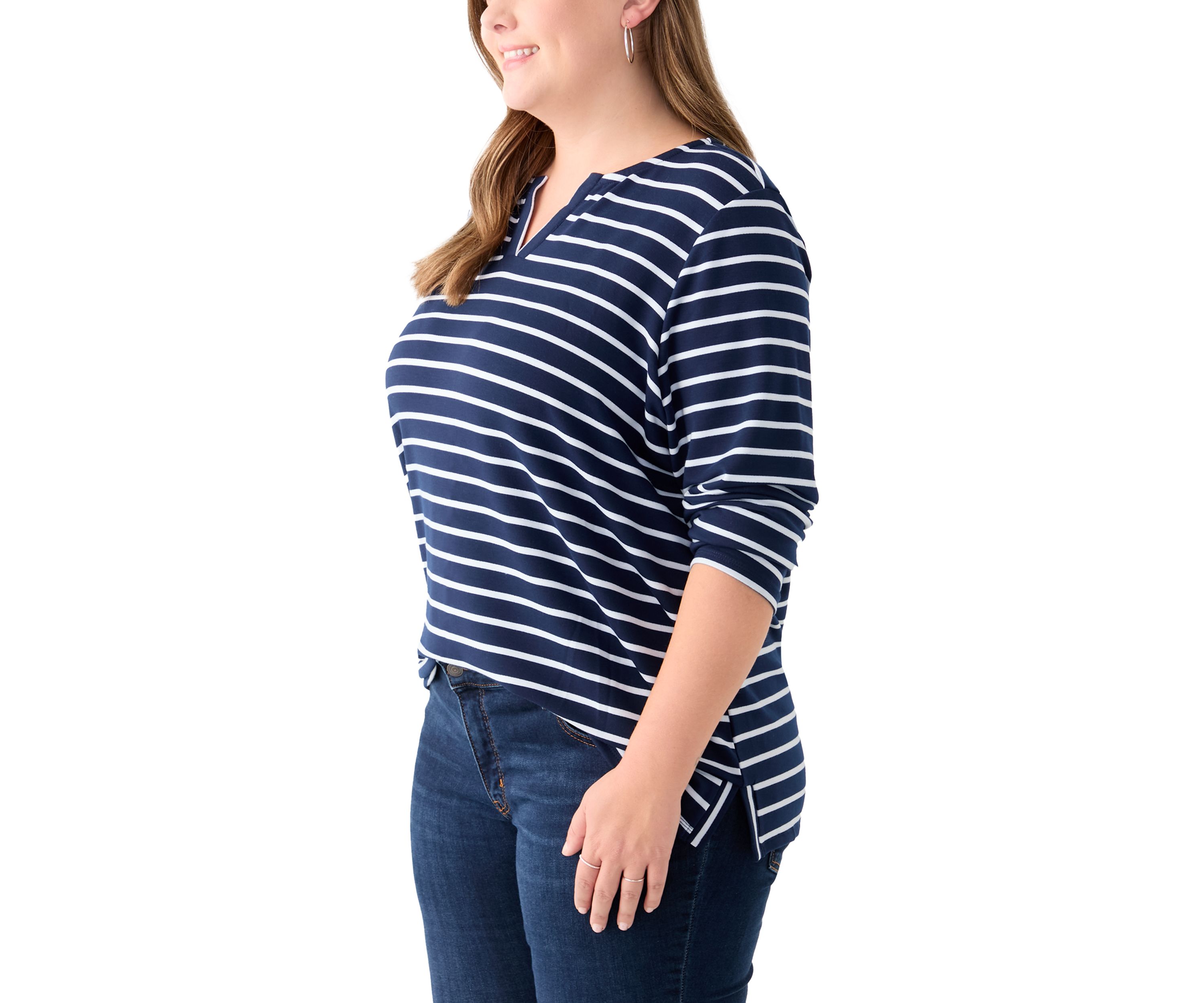 Plus Size Long Sleeve Split Neck Terry Stripe Top