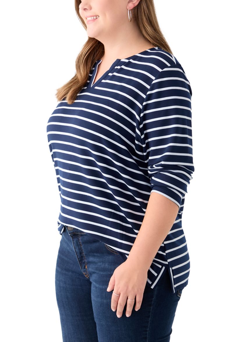 Plus Size Long Sleeve Split Neck Terry Stripe Top