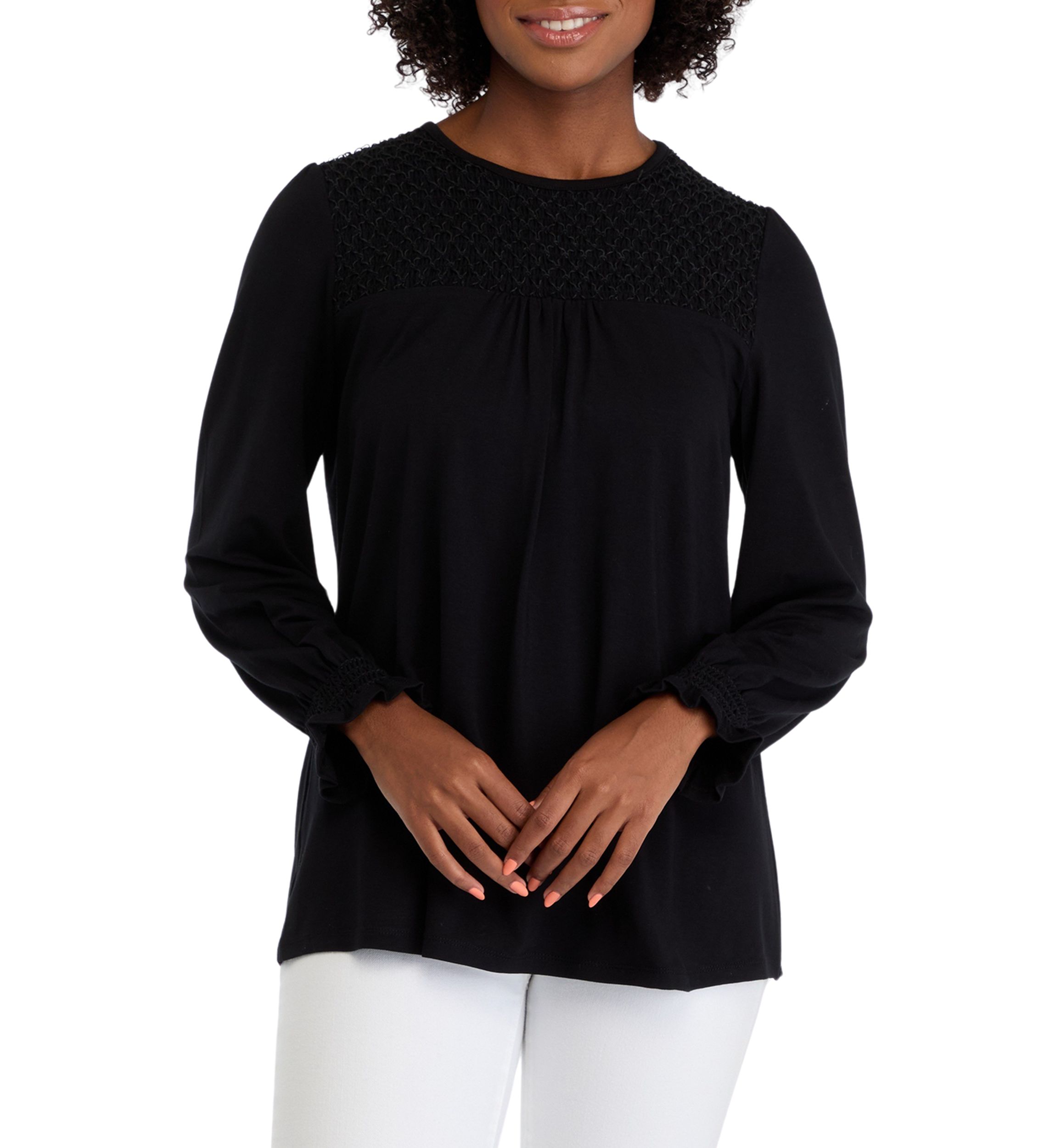 Womens Long Sleeve Top with Smocking at Yoke