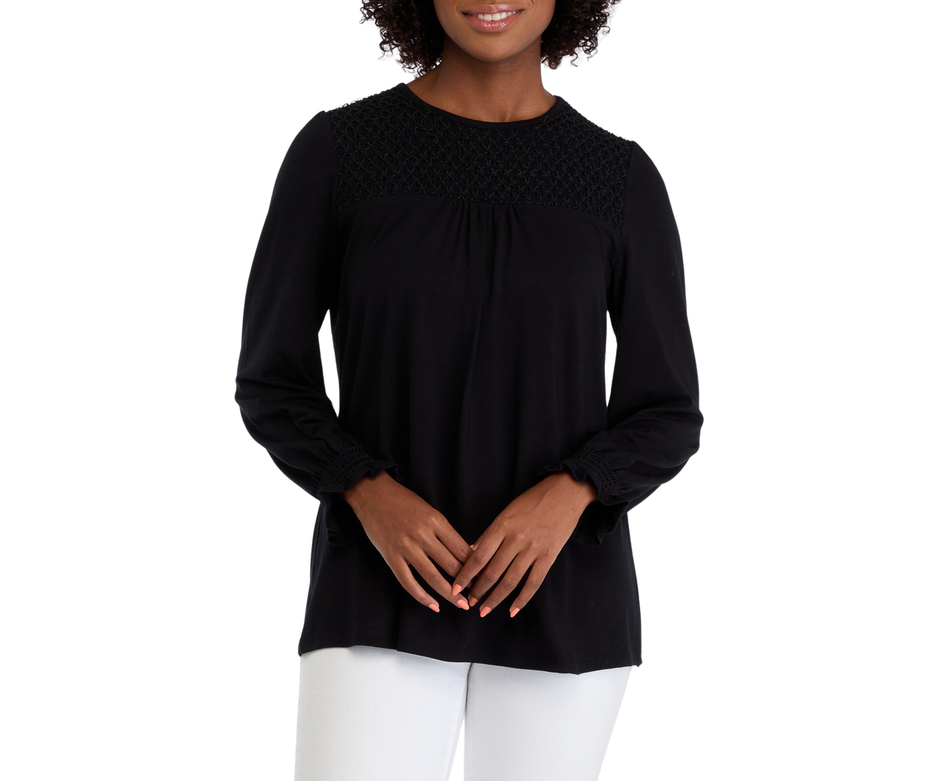 Womens Long Sleeve Top with Smocking at Yoke