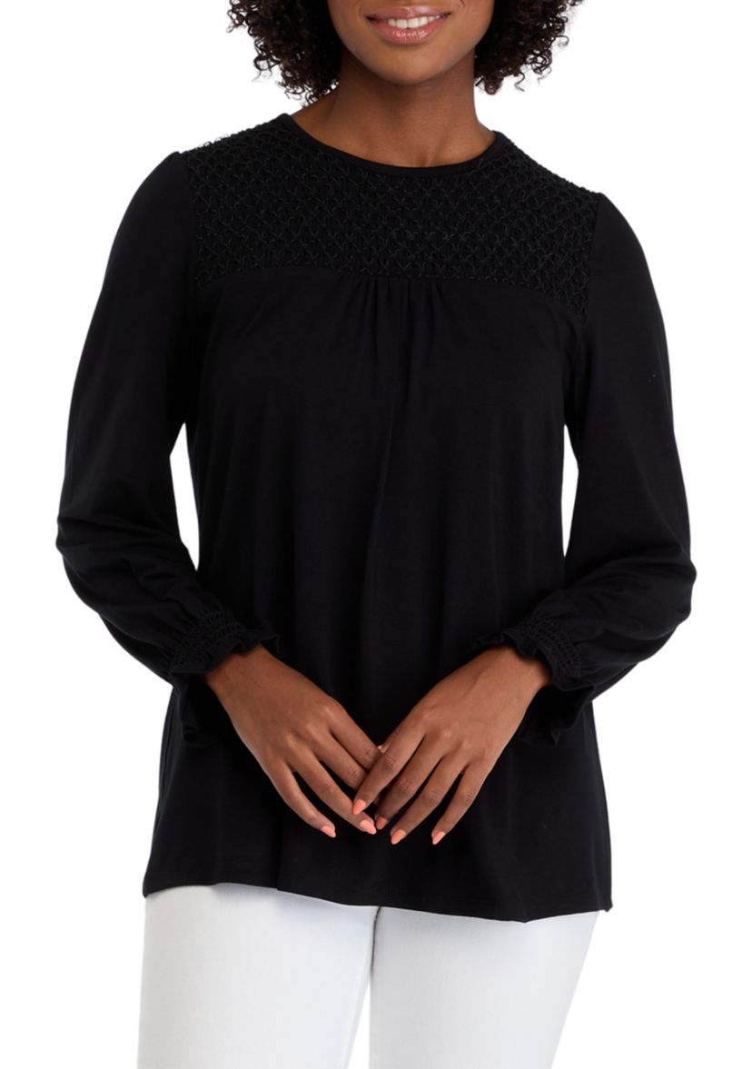 Womens Long Sleeve Top with Smocking at Yoke