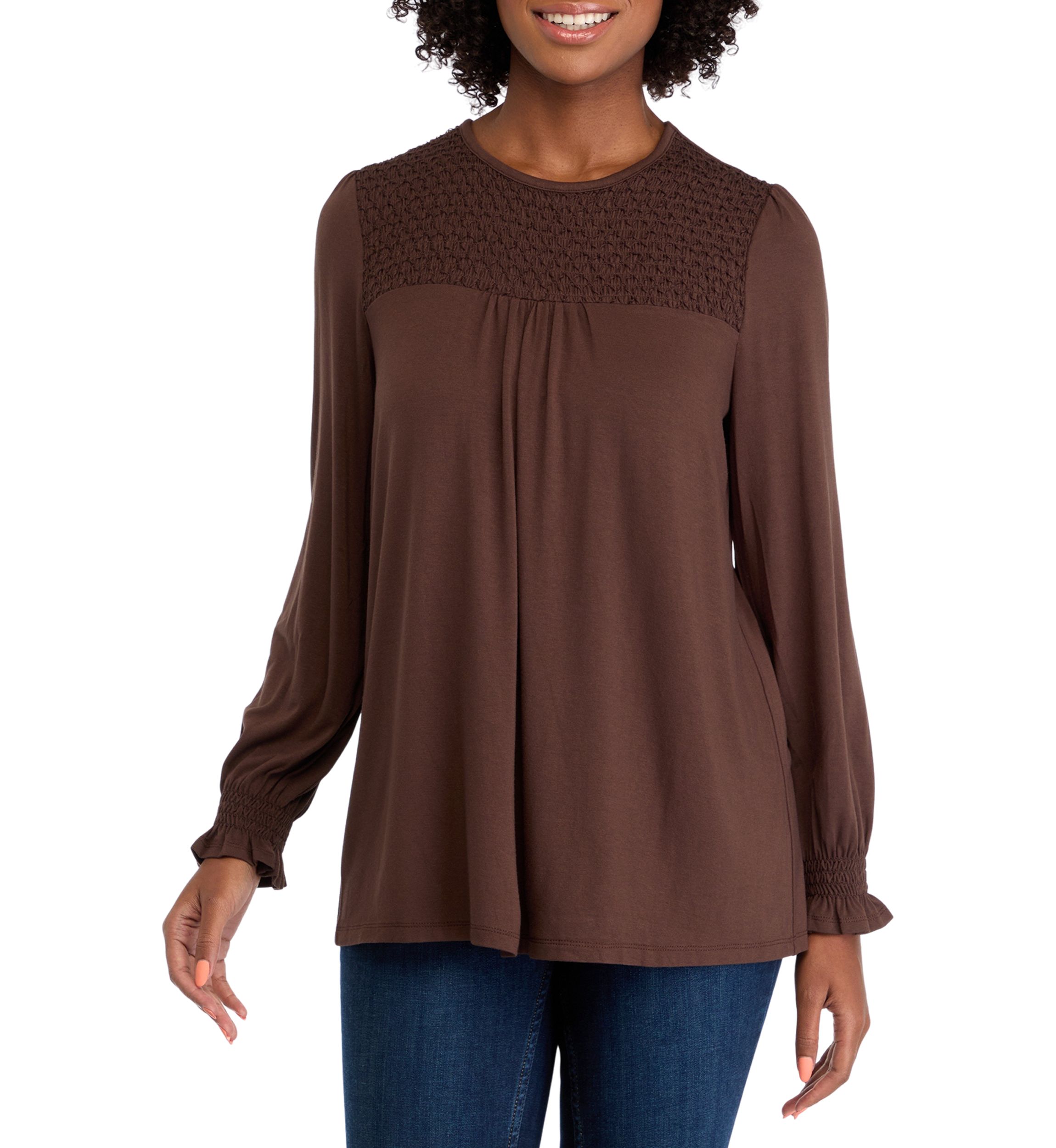 Petite Long Sleeve Juliana Crepe Blouse with Smocking