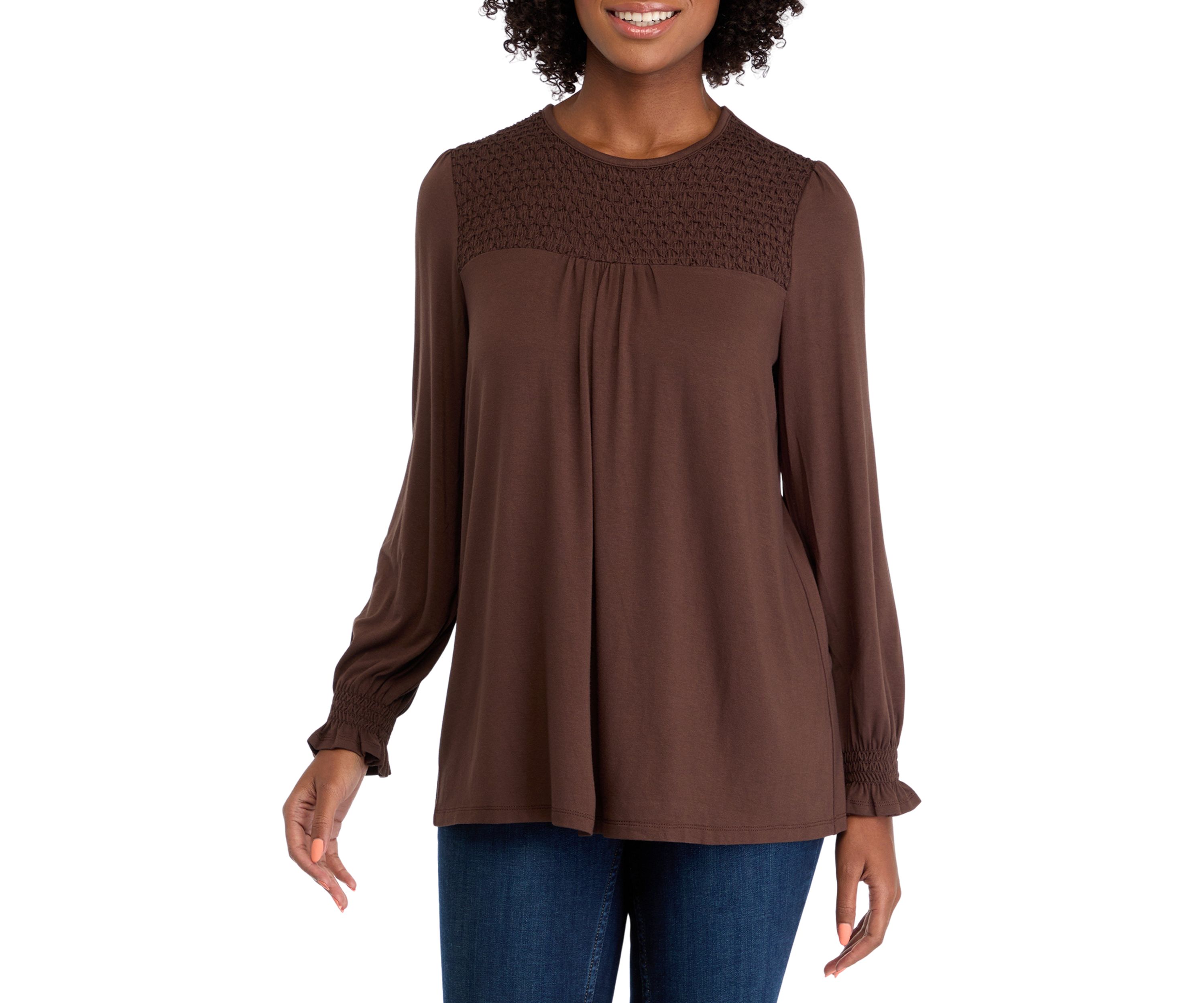 Petite Long Sleeve Juliana Crepe Blouse with Smocking