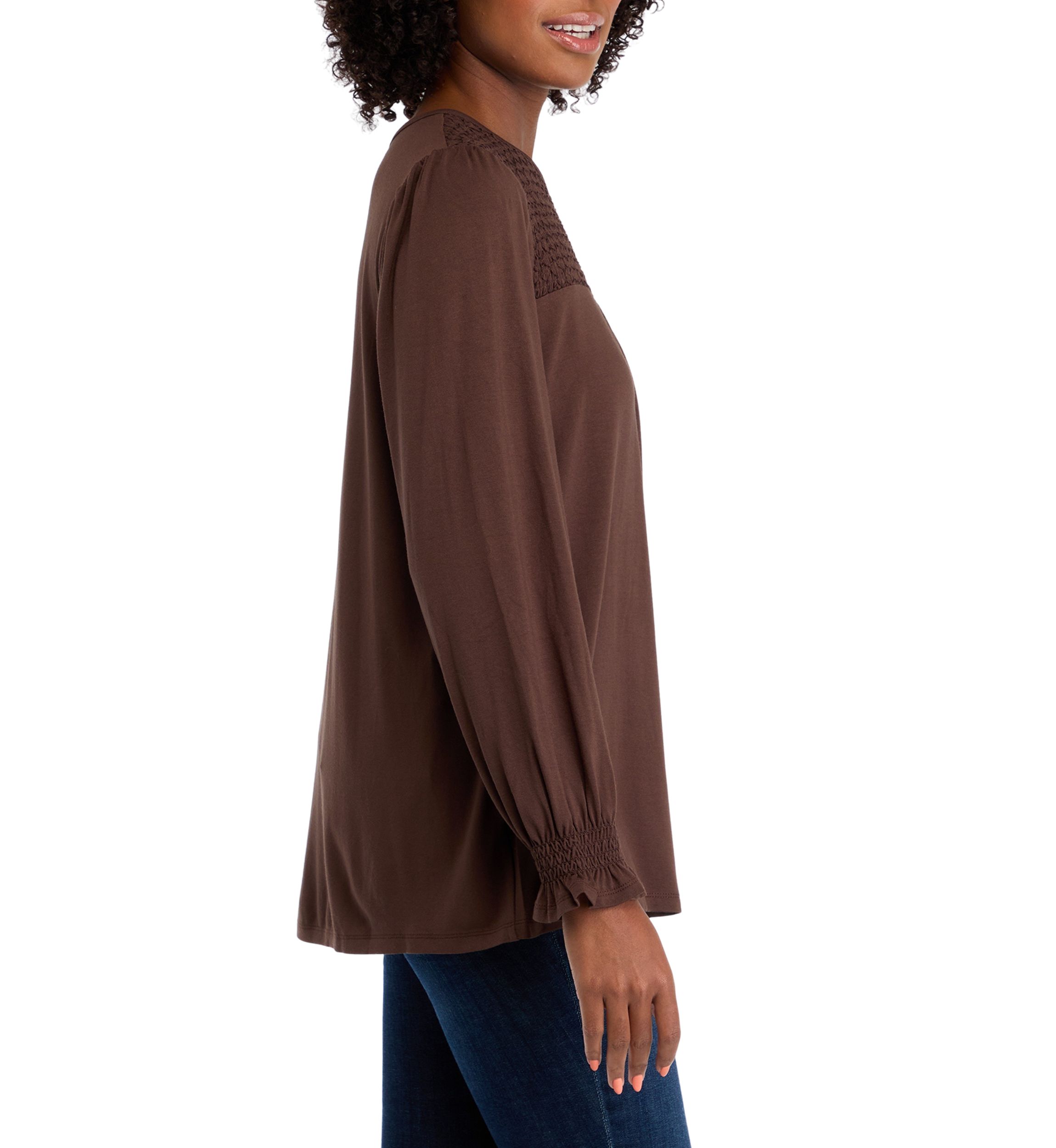 Petite Long Sleeve Juliana Crepe Blouse with Smocking