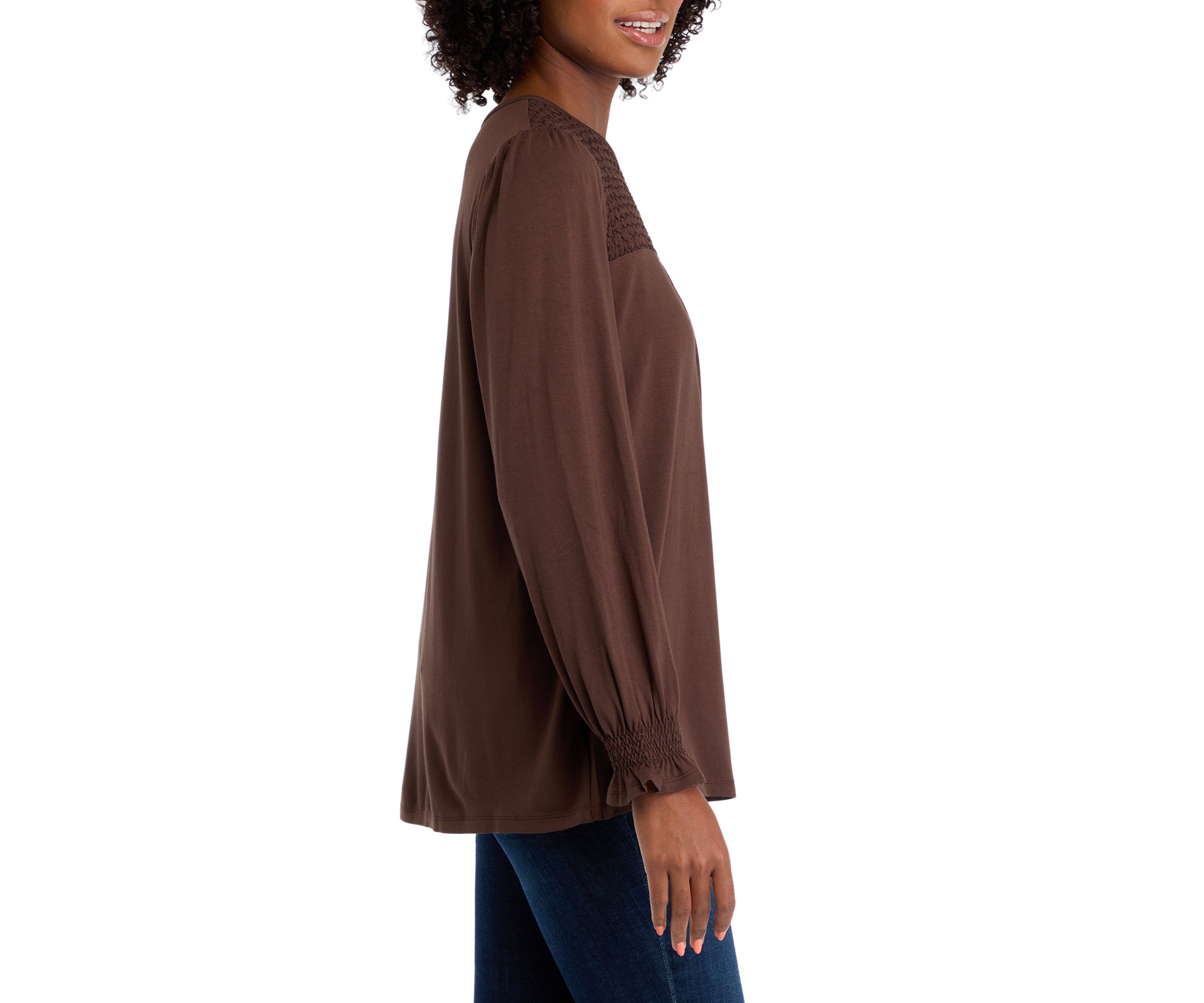 Petite Long Sleeve Juliana Crepe Blouse with Smocking
