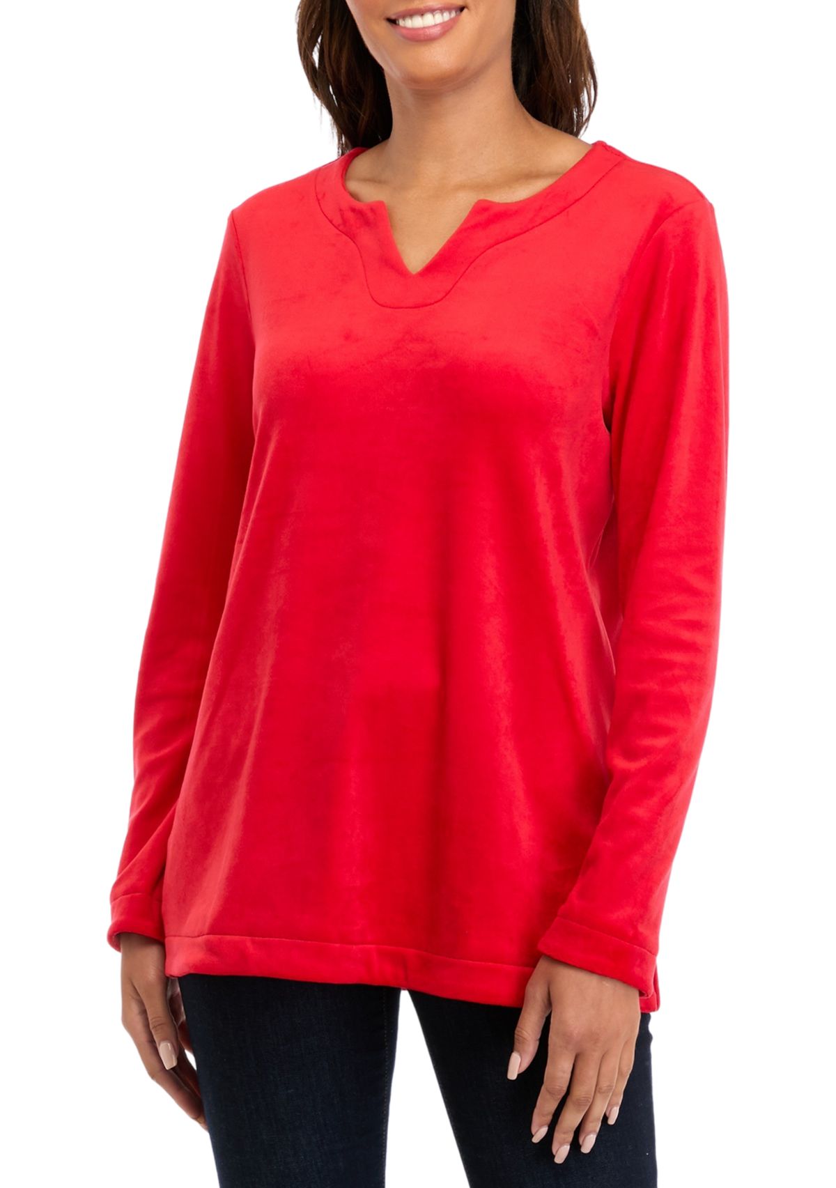 Womens Long Sleeve Velour Notch Tunic Top 