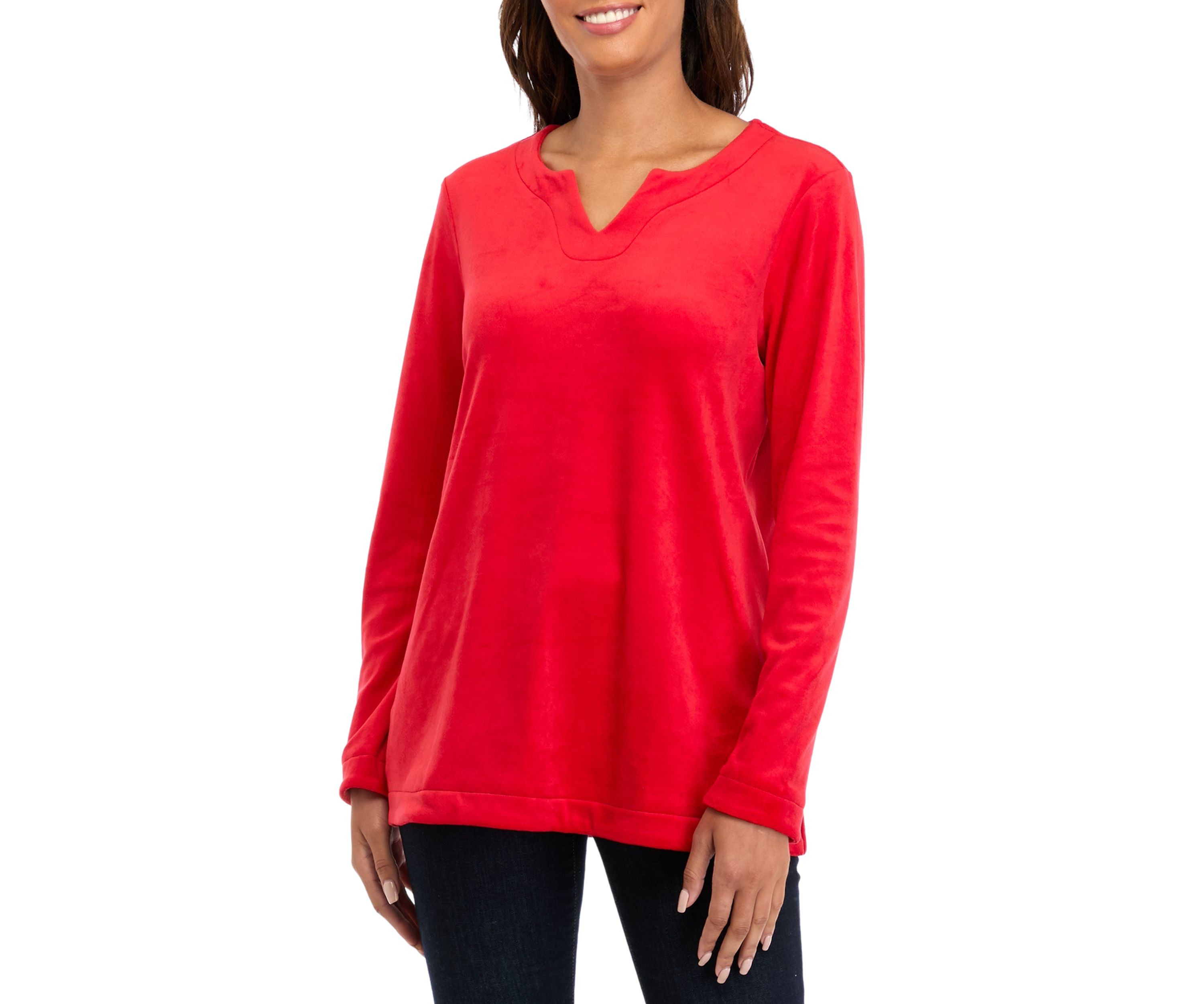 Womens Long Sleeve Velour Notch Tunic Top 
