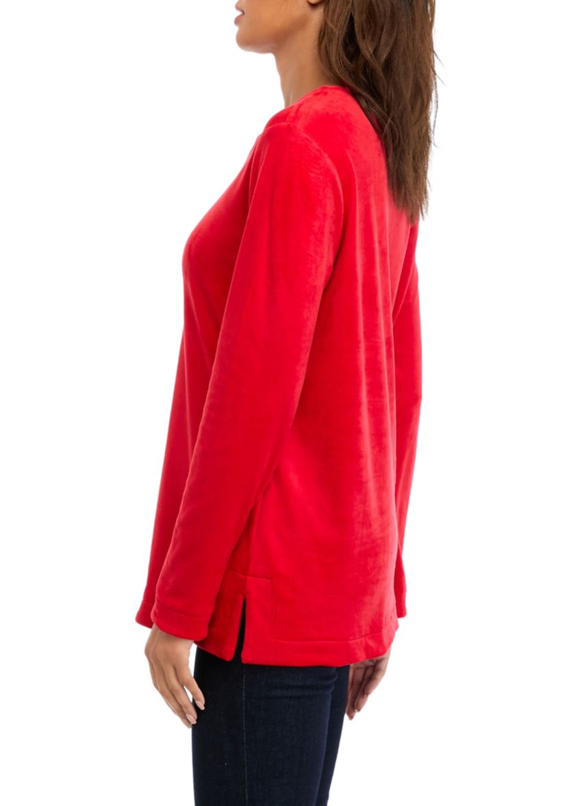 Womens Long Sleeve Velour Notch Tunic Top 
