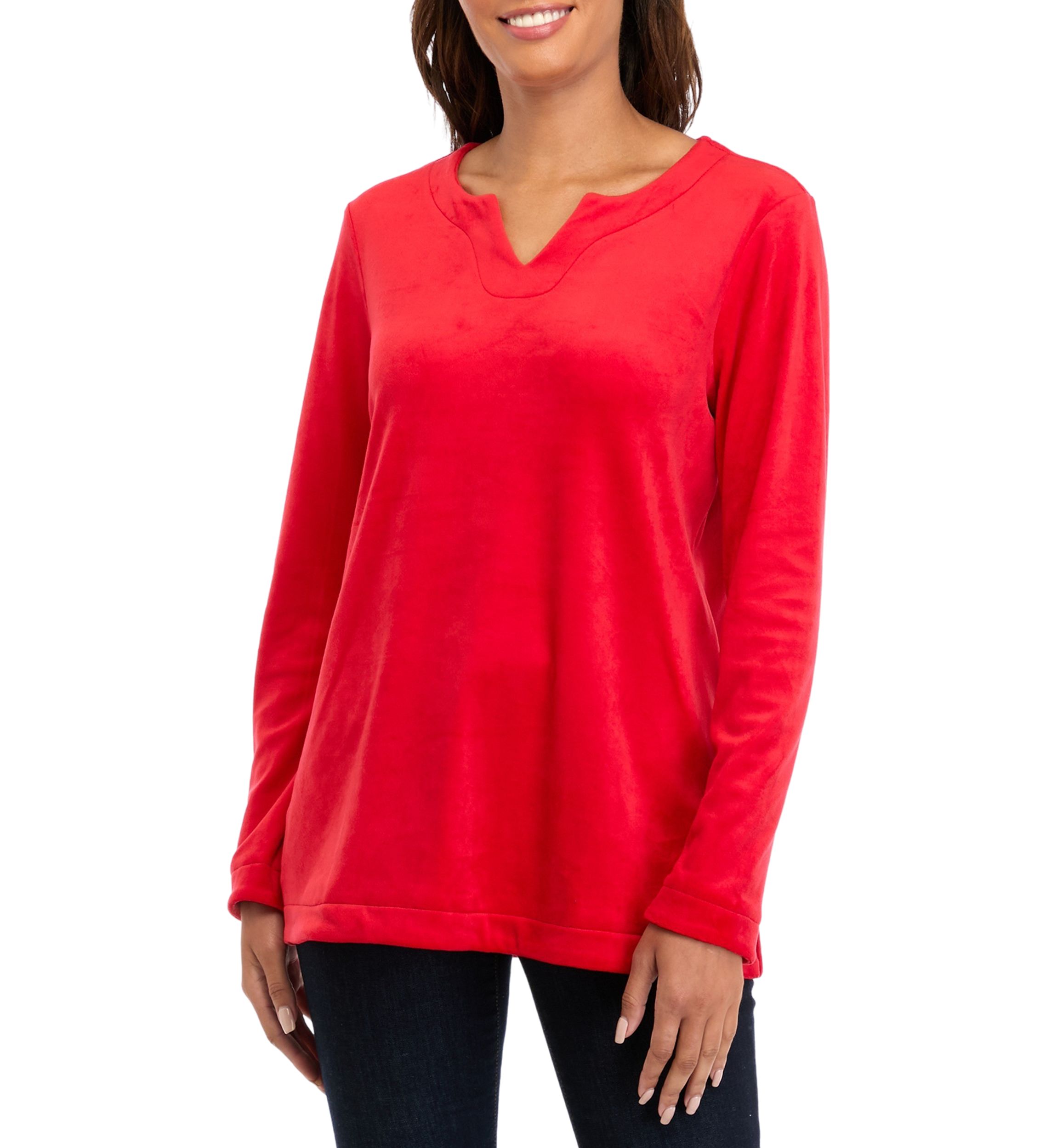Petite Long Sleeve Velour Split Neck Tunic Top