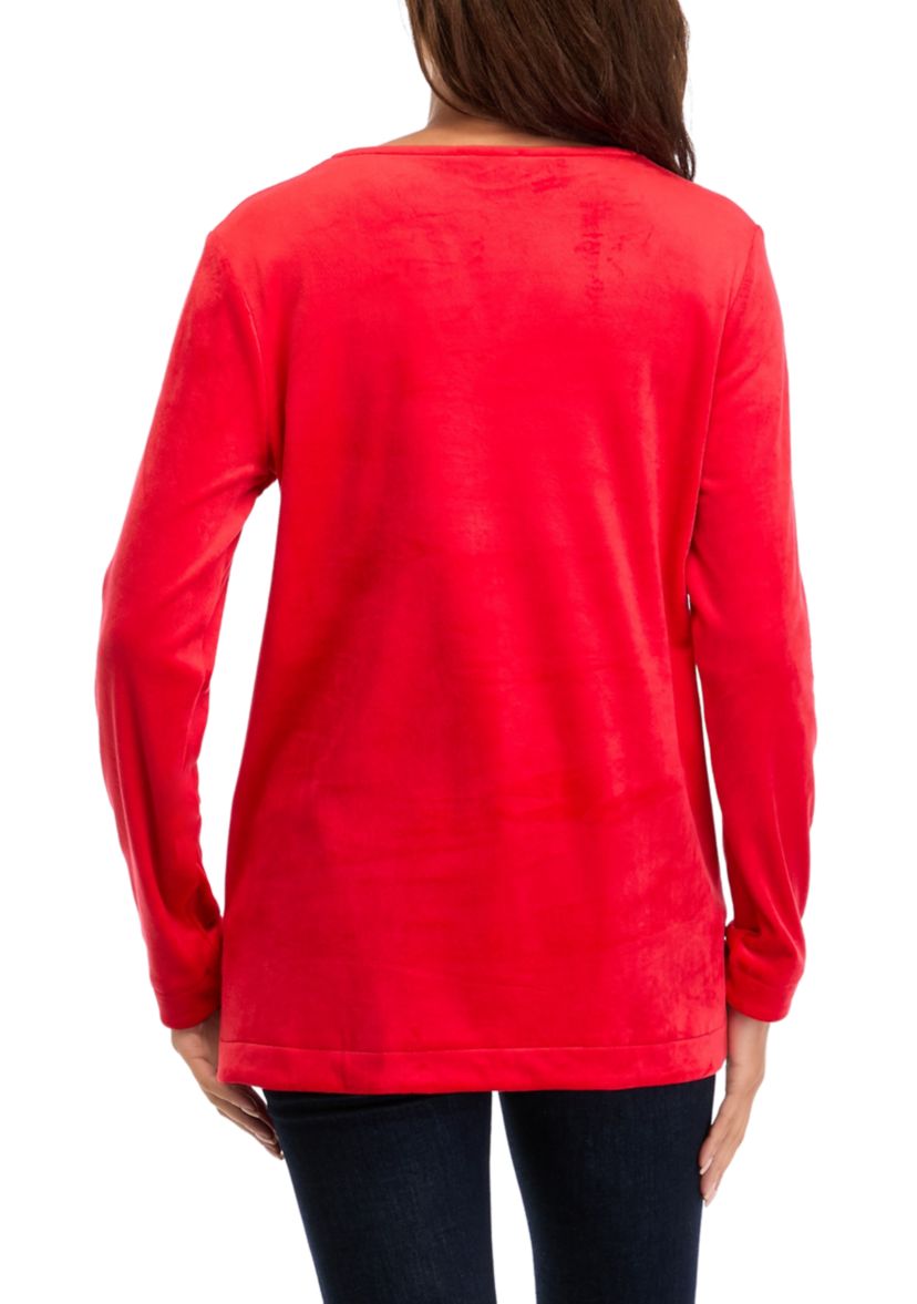 Petite Long Sleeve Velour Split Neck Tunic Top