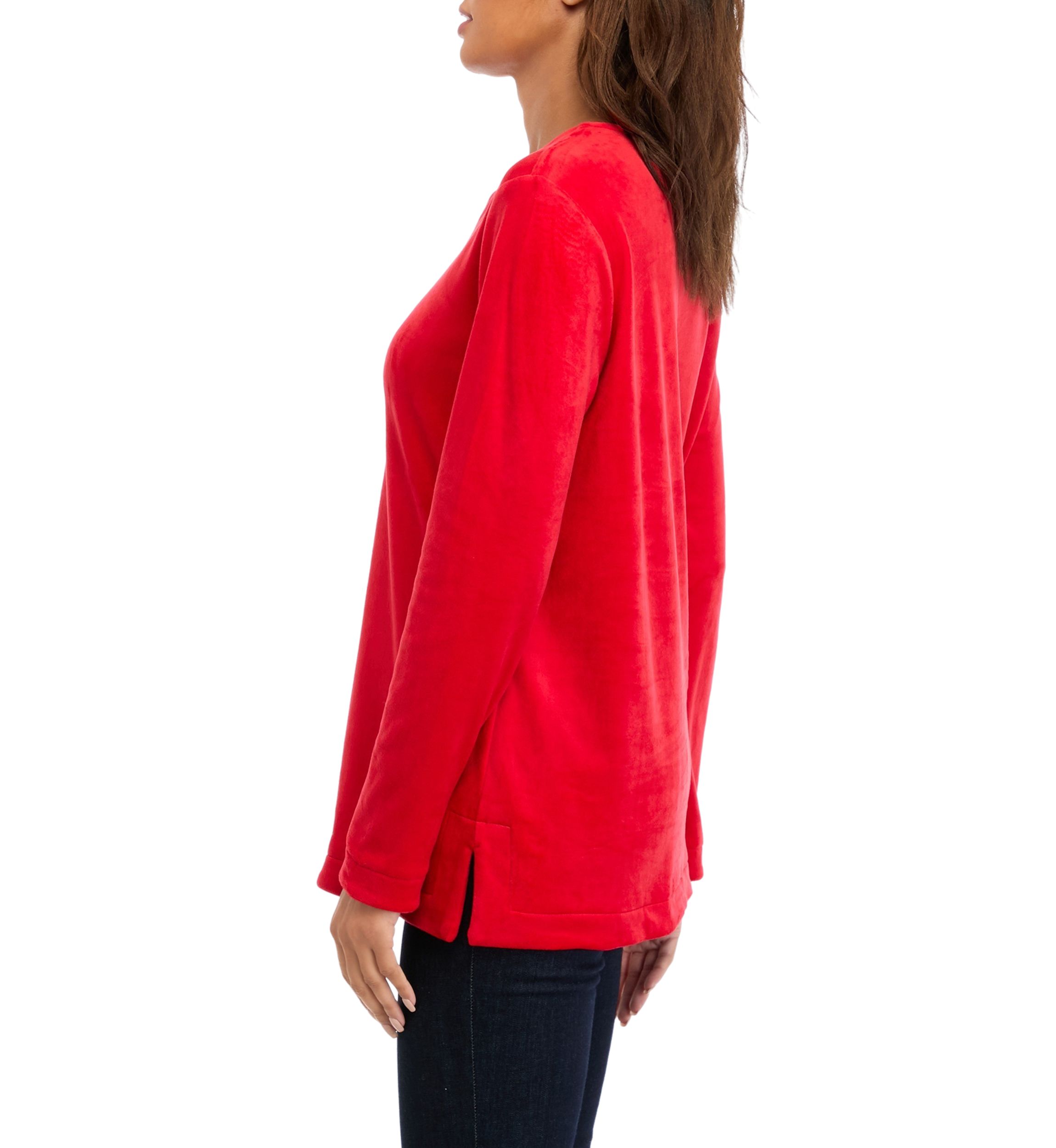 Petite Long Sleeve Velour Split Neck Tunic Top