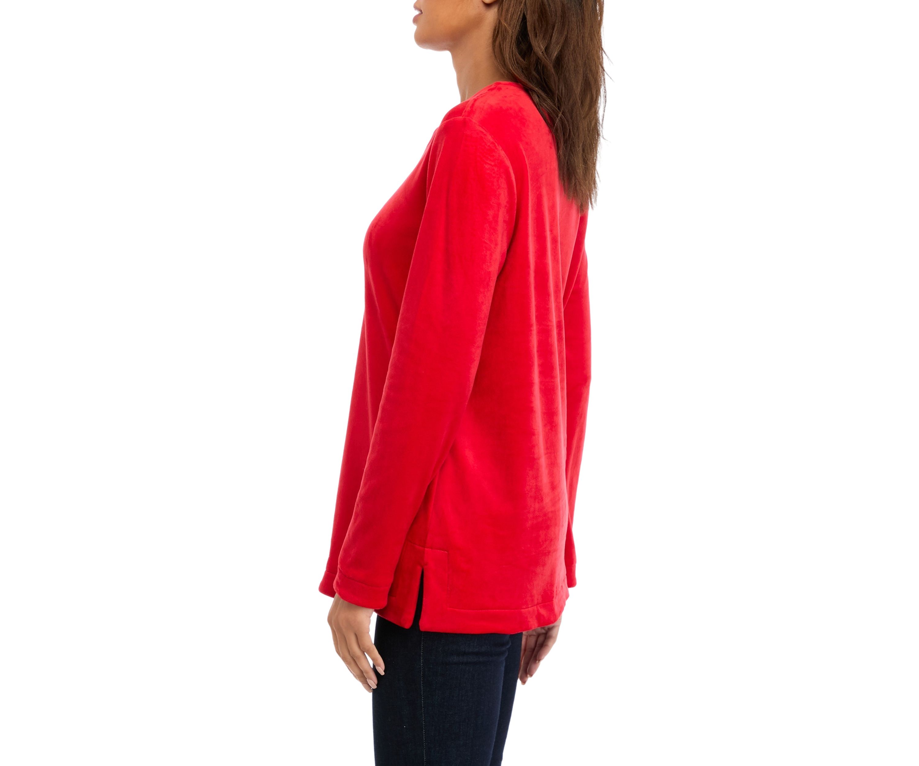 Petite Long Sleeve Velour Split Neck Tunic Top