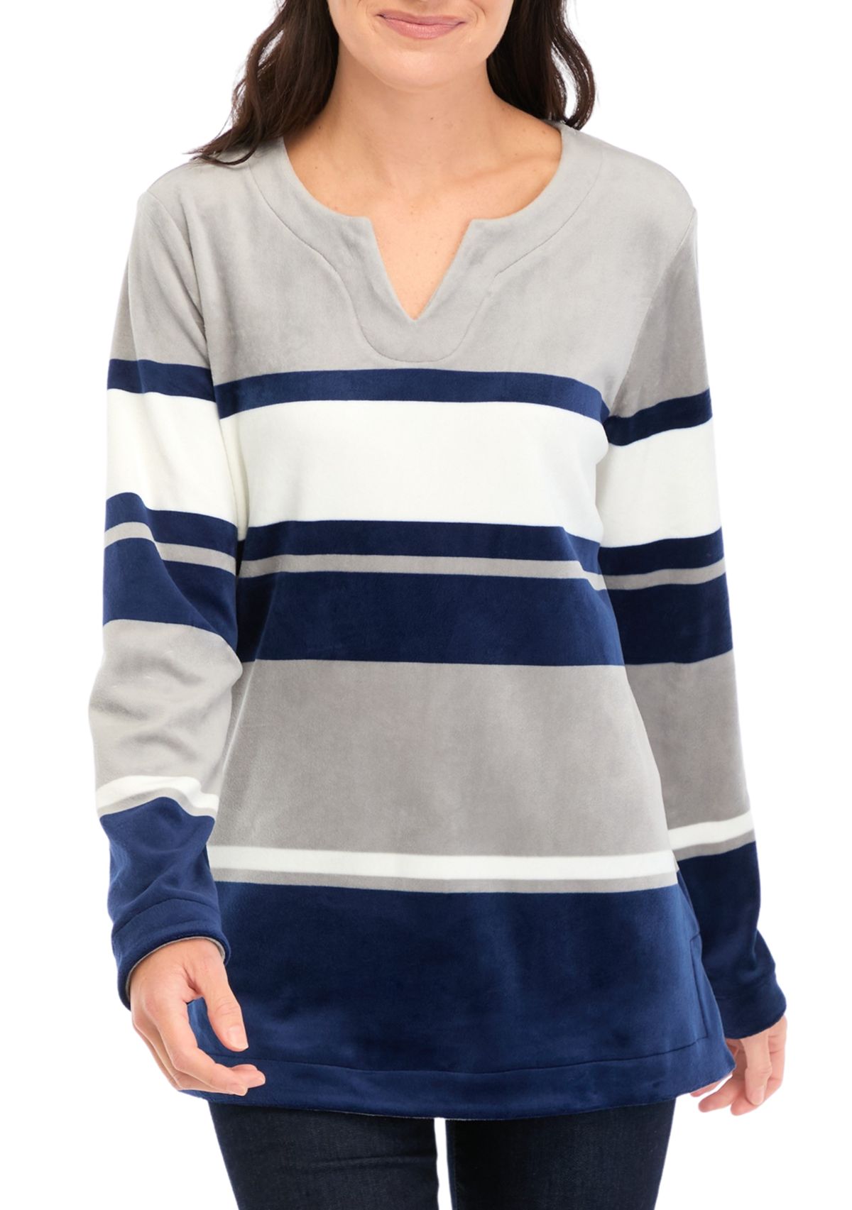 Womens Long Sleeve Velour Notch Striped Tunic Top 