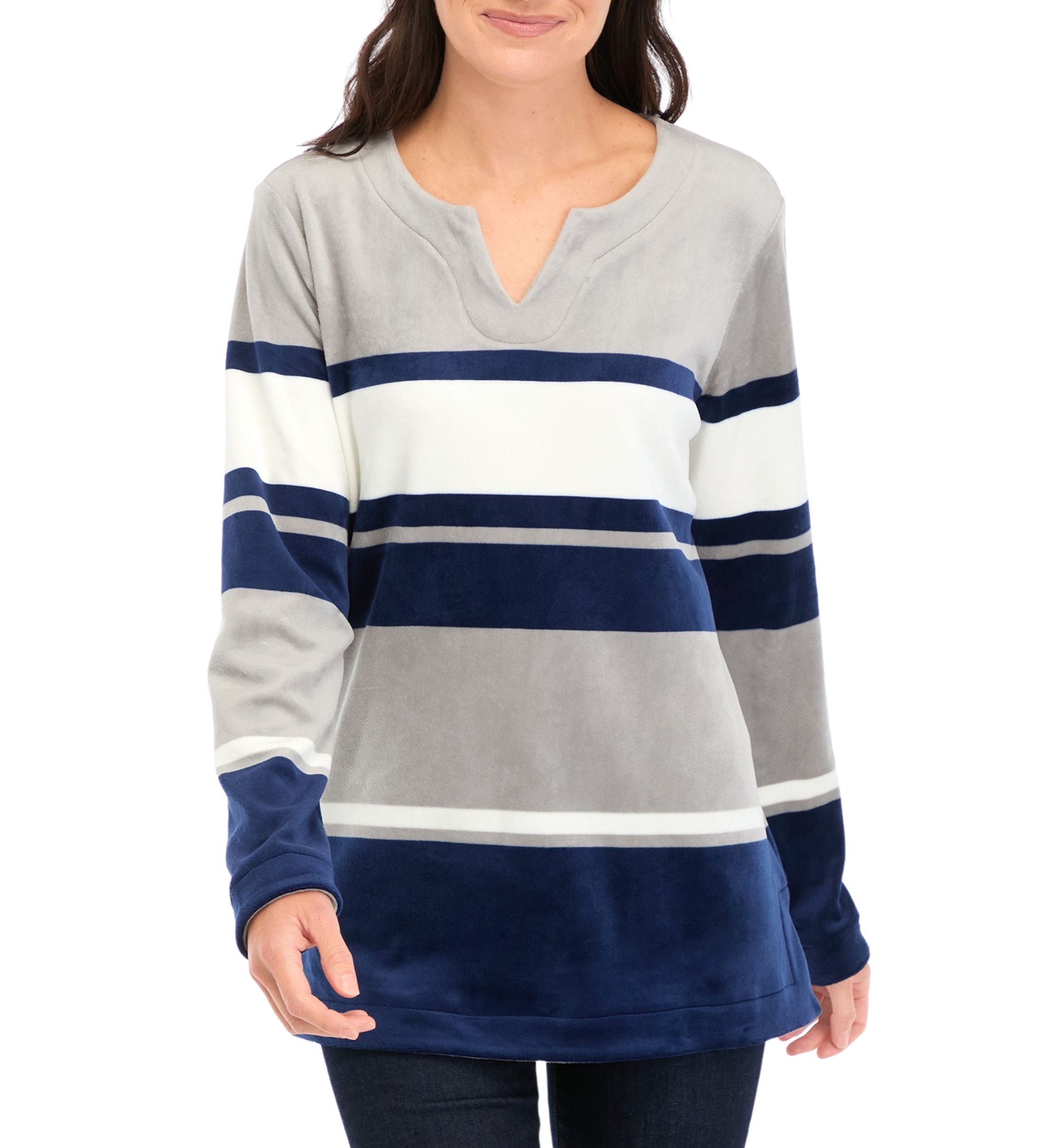 Womens Long Sleeve Velour Notch Striped Tunic Top 