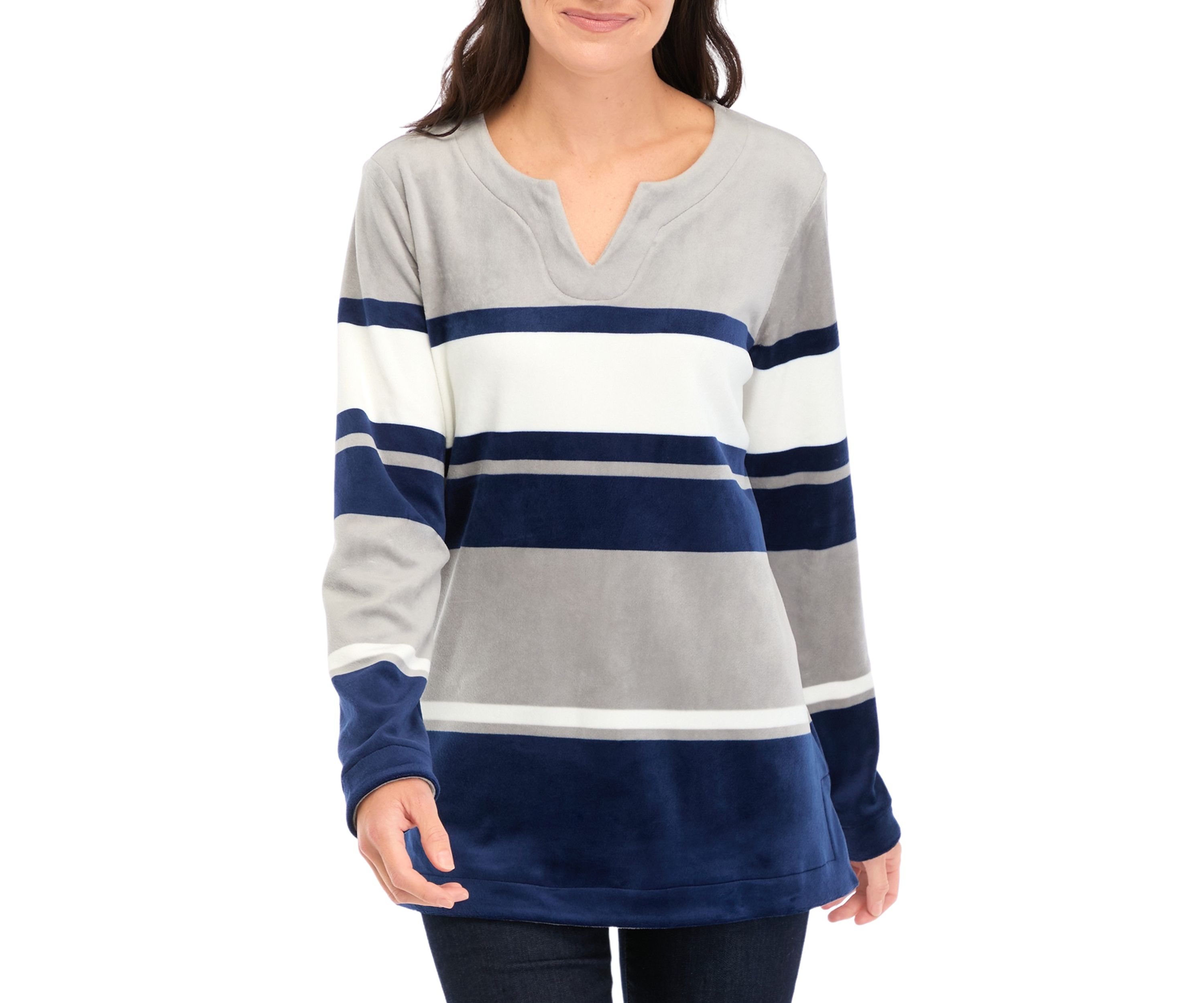 Womens Long Sleeve Velour Notch Striped Tunic Top 